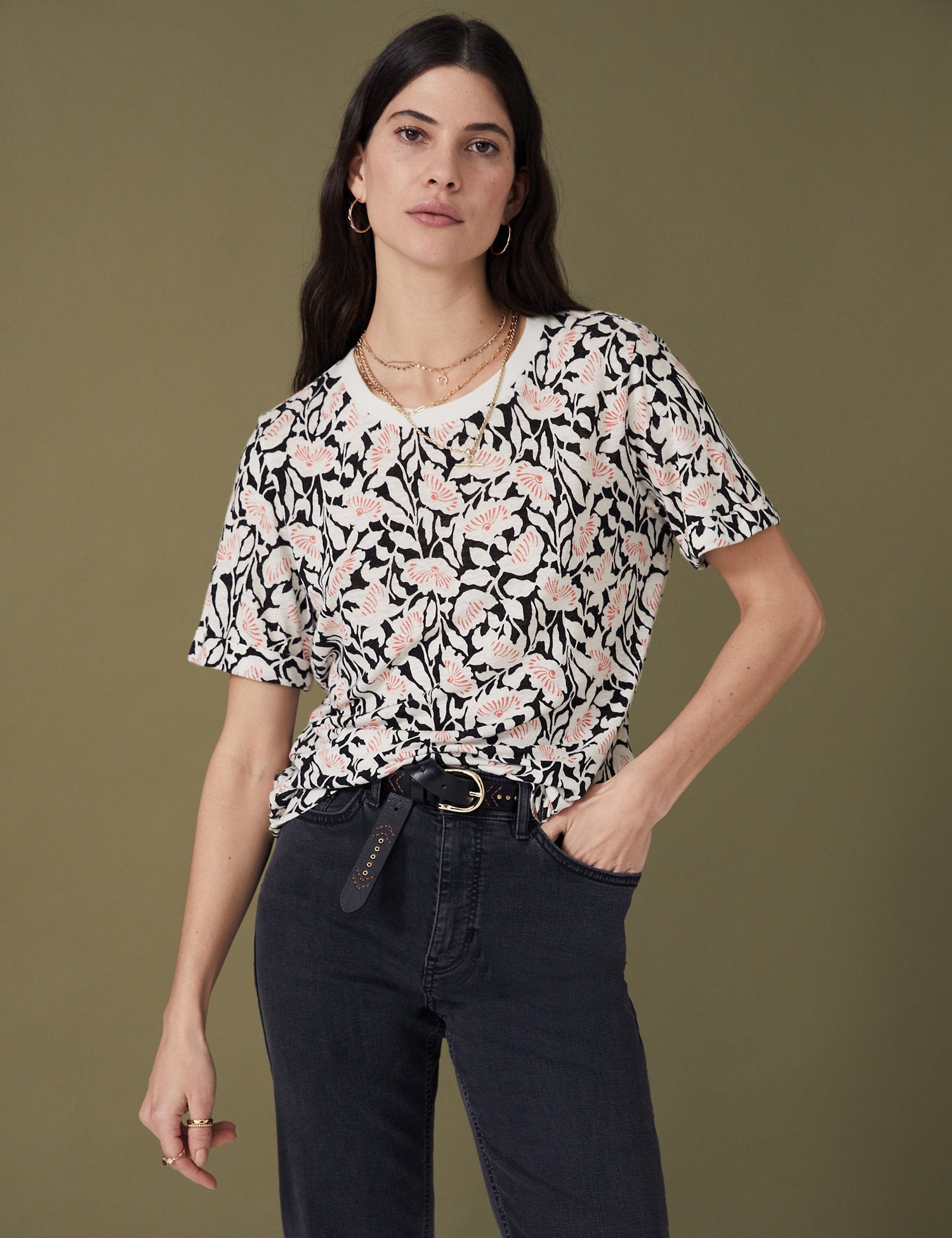 Linen Blend Geometric Short Sleeve T-Shirt