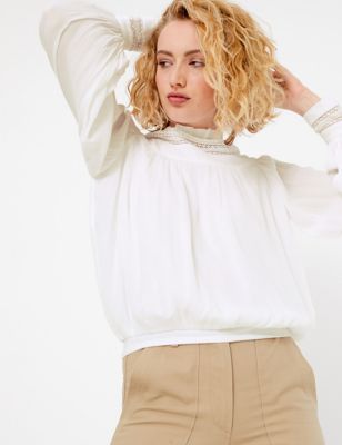 Lace Insert High Neck Long Sleeve Blouse