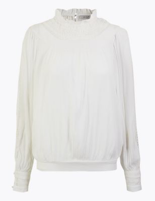 Lace Insert High Neck Long Sleeve Blouse