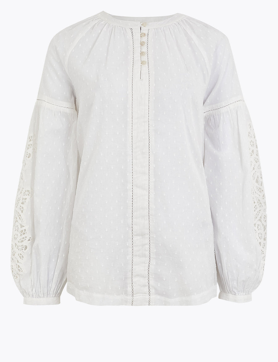 Pure Cotton Textured Long Sleeve Blouse