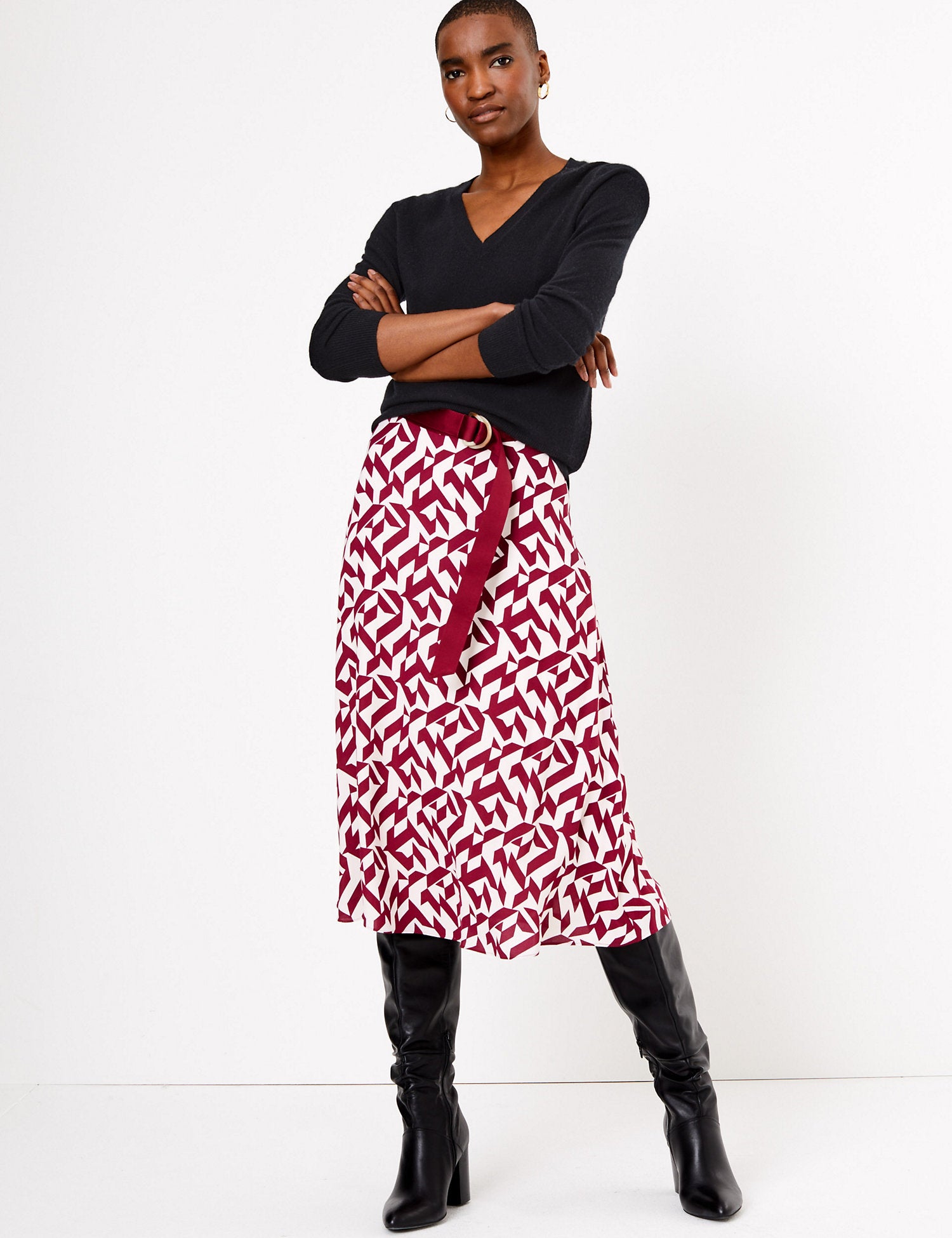 Geometric Print Belted Midi Skirt