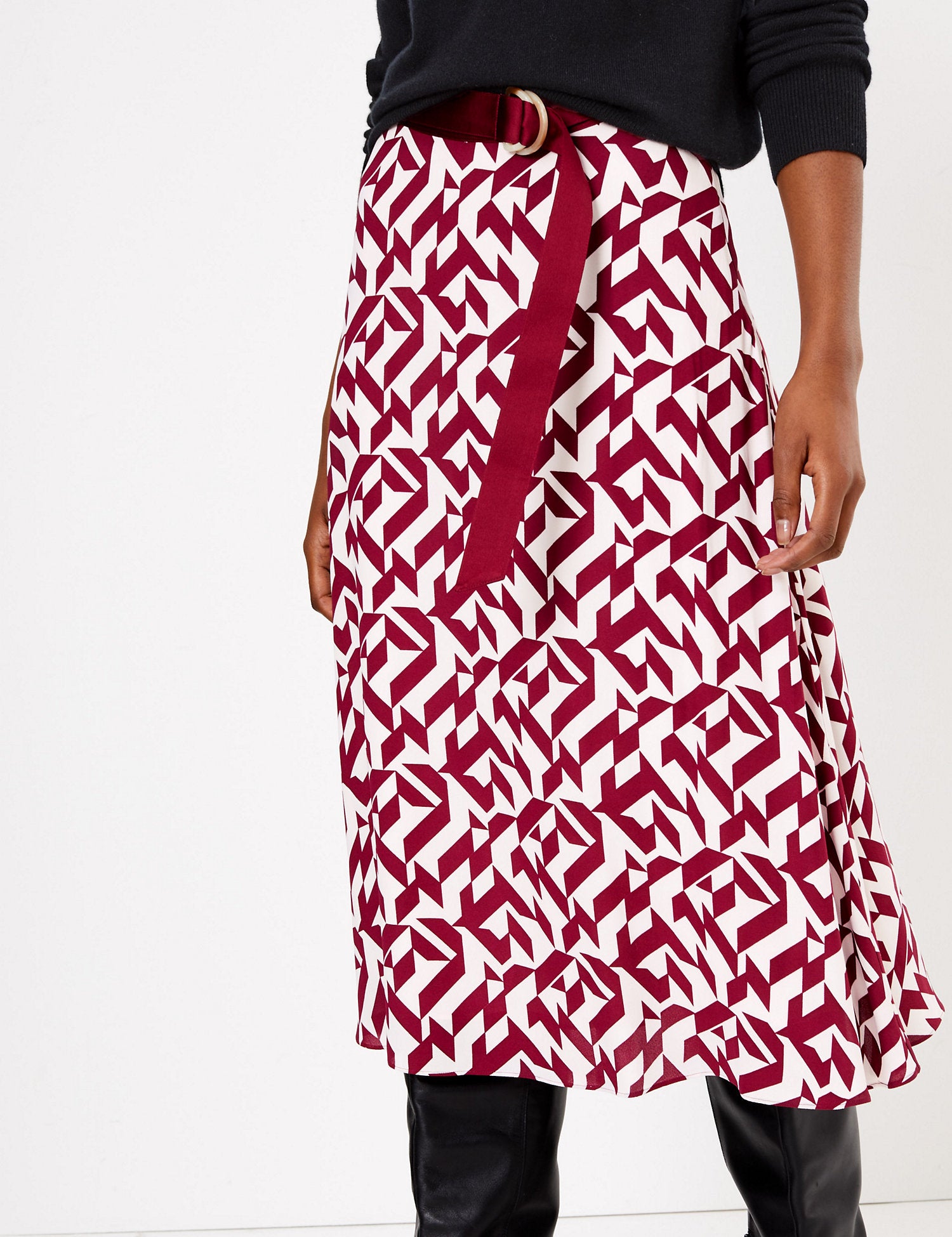 Geometric Print Belted Midi Skirt