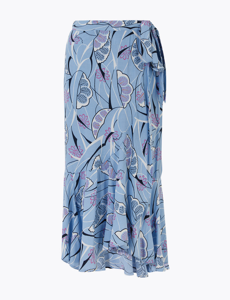 Printed Ruffle Midi Wrap Skirt