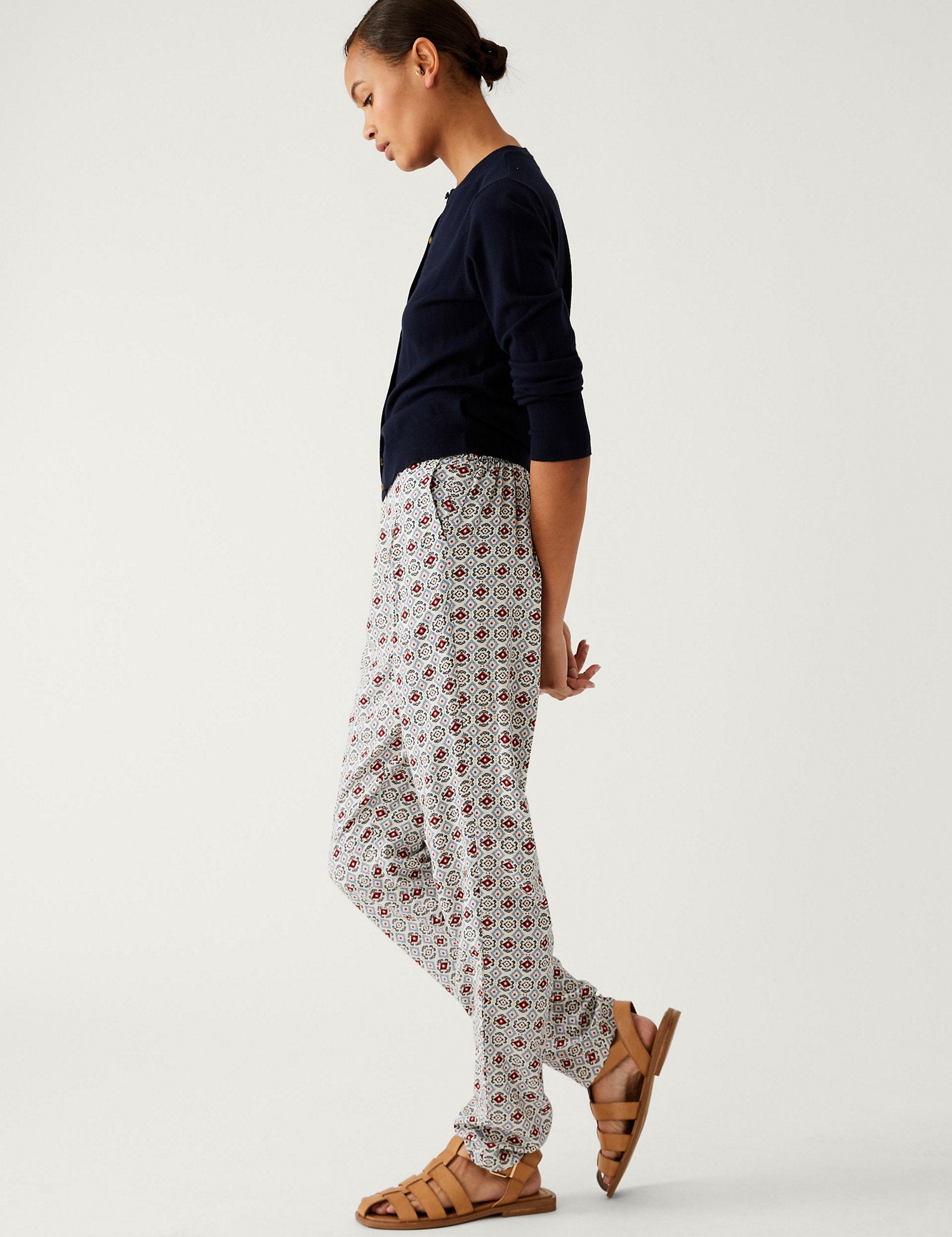 Printed Pleat Front Tapered Trousers