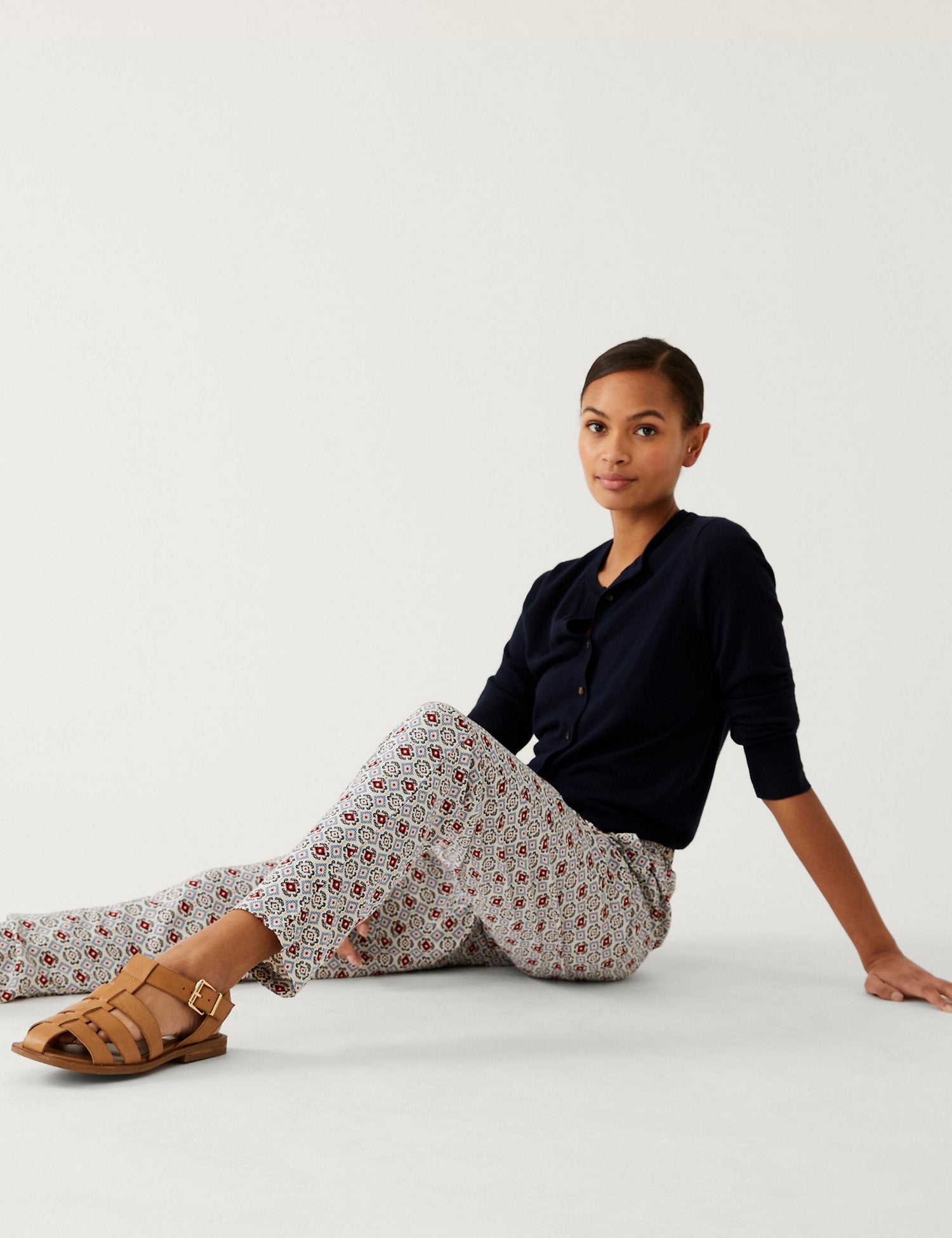 Printed Pleat Front Tapered Trousers