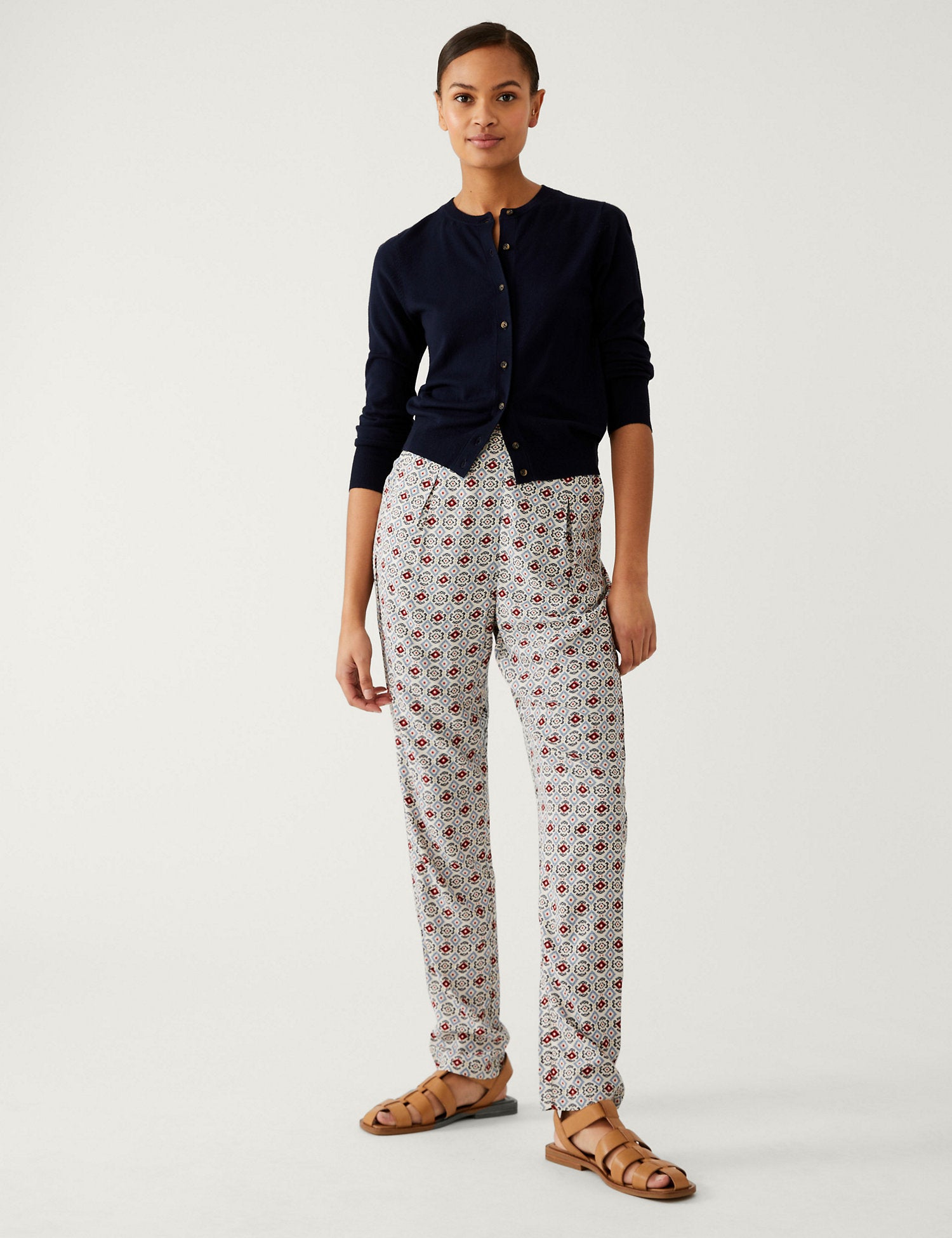 Printed Pleat Front Tapered Trousers