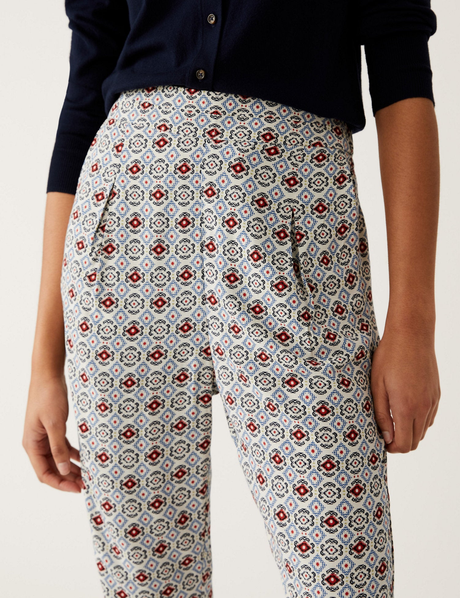 Printed Pleat Front Tapered Trousers