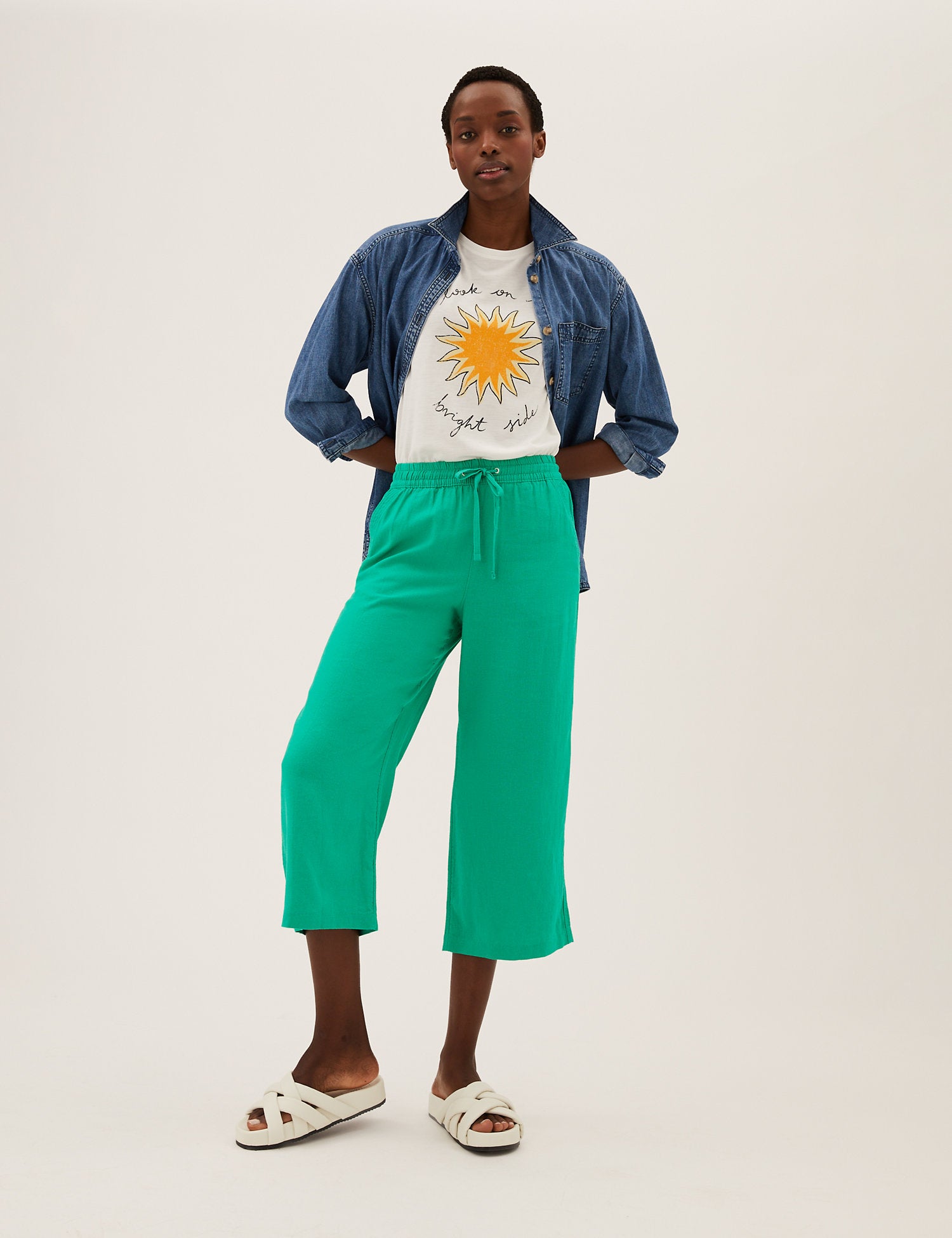 Linen Rich Wide Leg Cropped Trousers