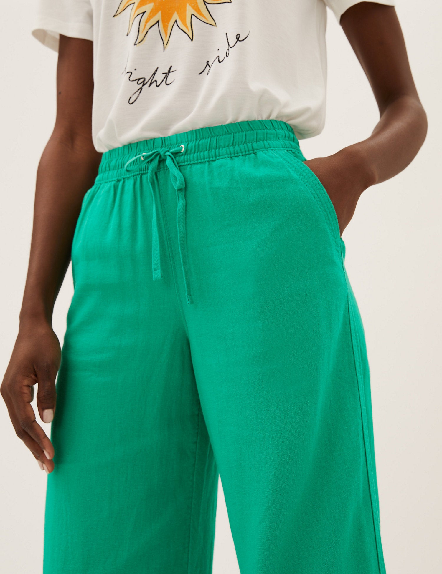 Linen Rich Wide Leg Cropped Trousers