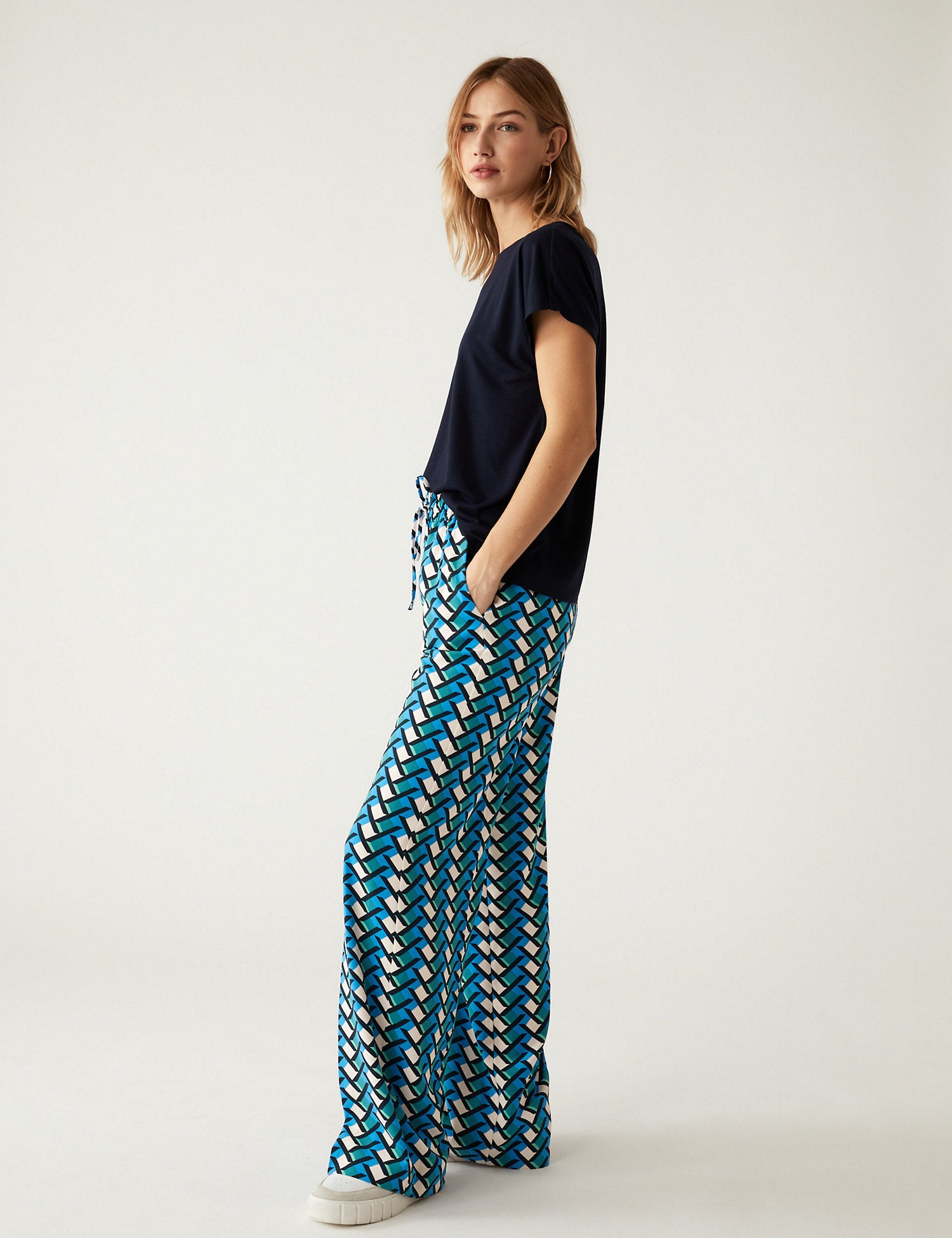 Printed Drawstring Wide Leg Trousers