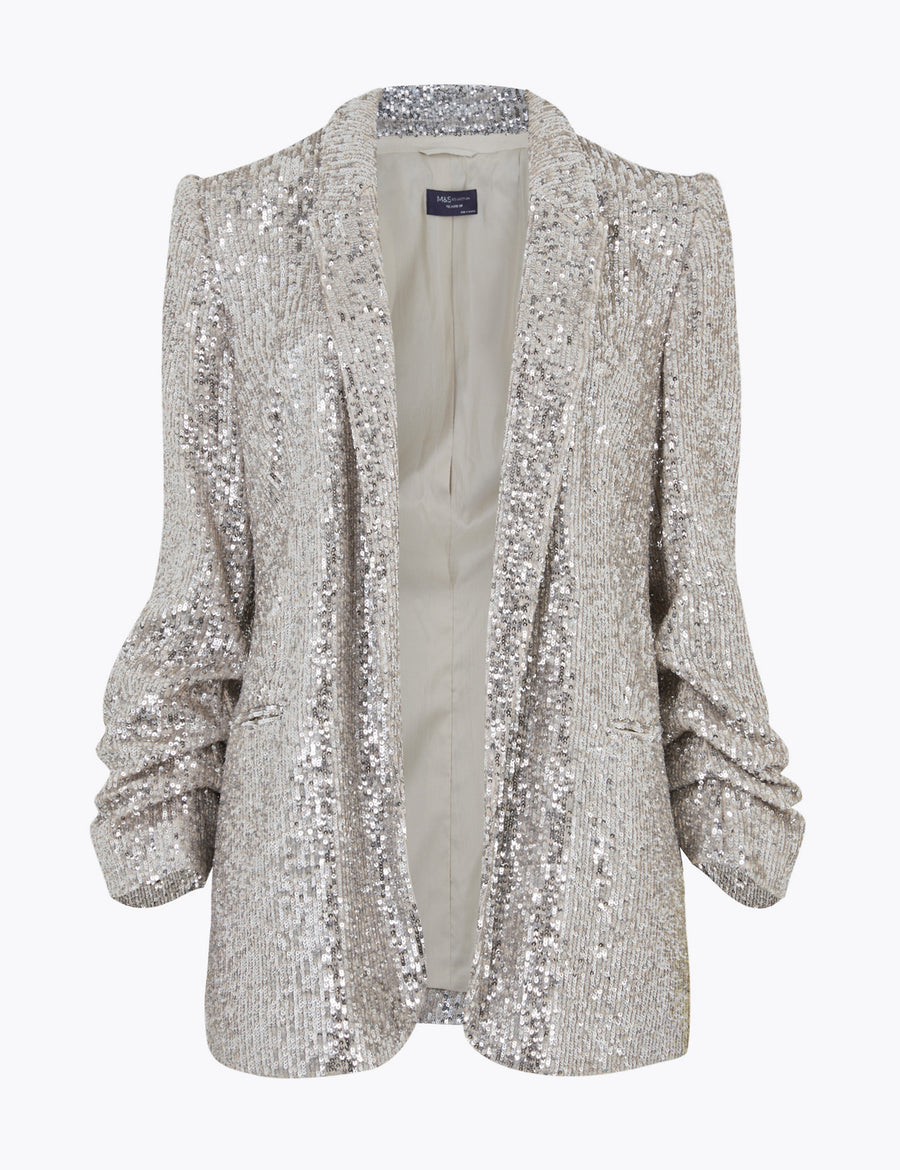 Relaxed Sequin Ruched Sleeve Blazer