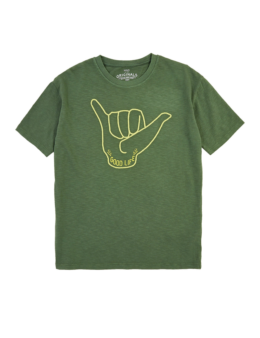 Cotton Good Life Slogan Hand Print T-Shirt