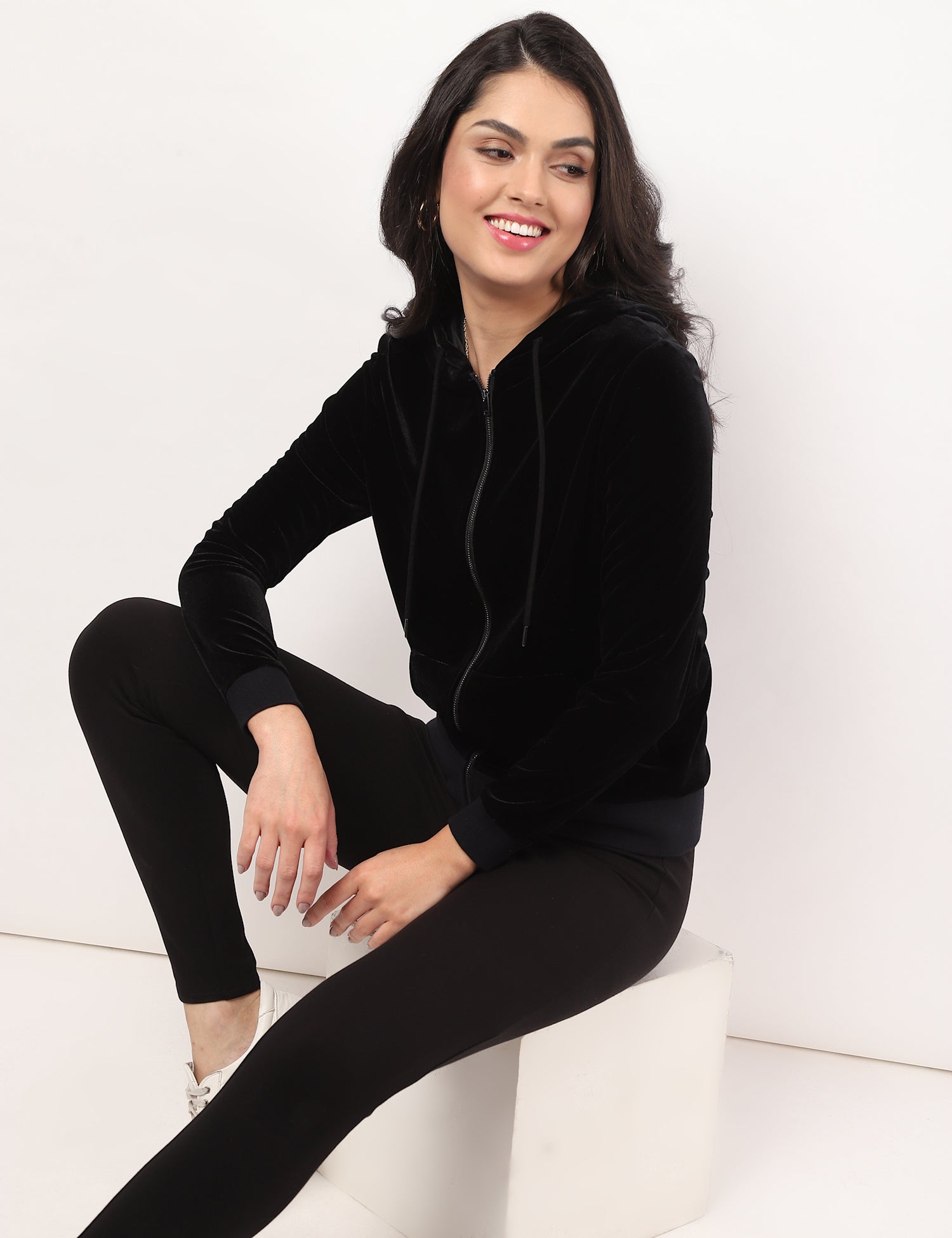 Velvet Zip Through Long Sleeve Hoodie