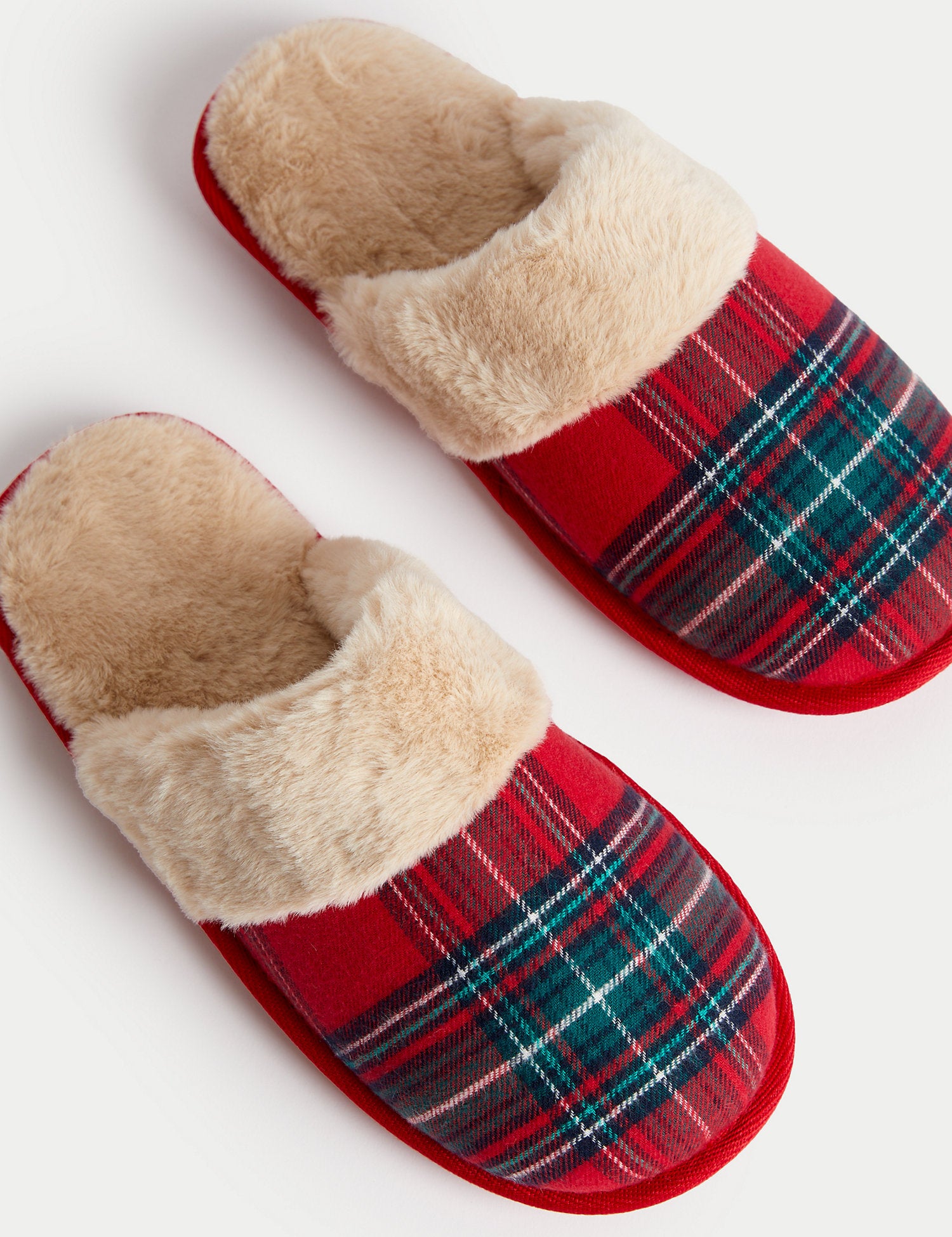 Checked Faux Fur Lined Mule Slippers