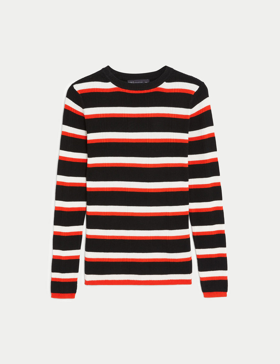 Ribbed Striped Crew Neck Knitted Top