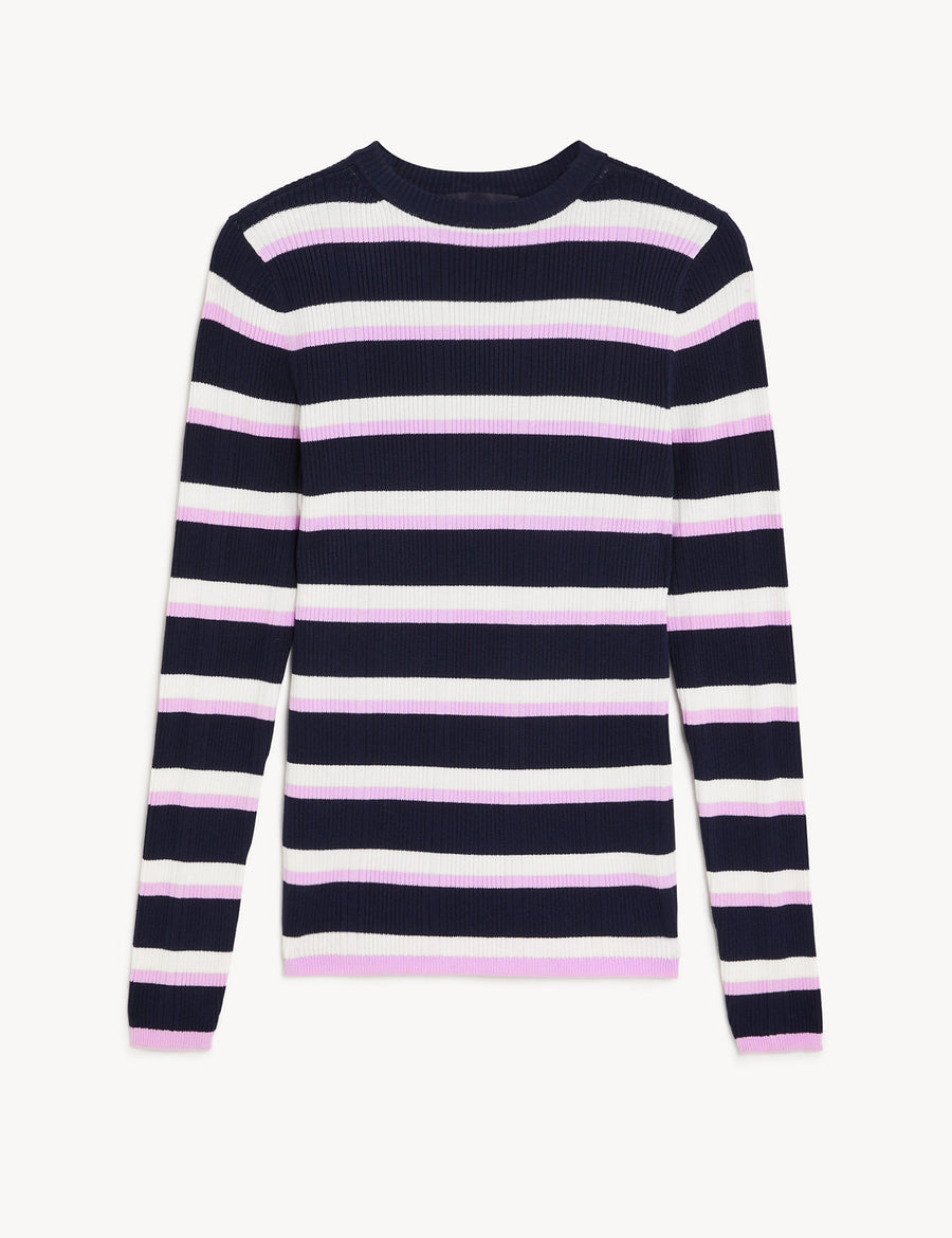 Ribbed Striped Crew Neck Knitted Top