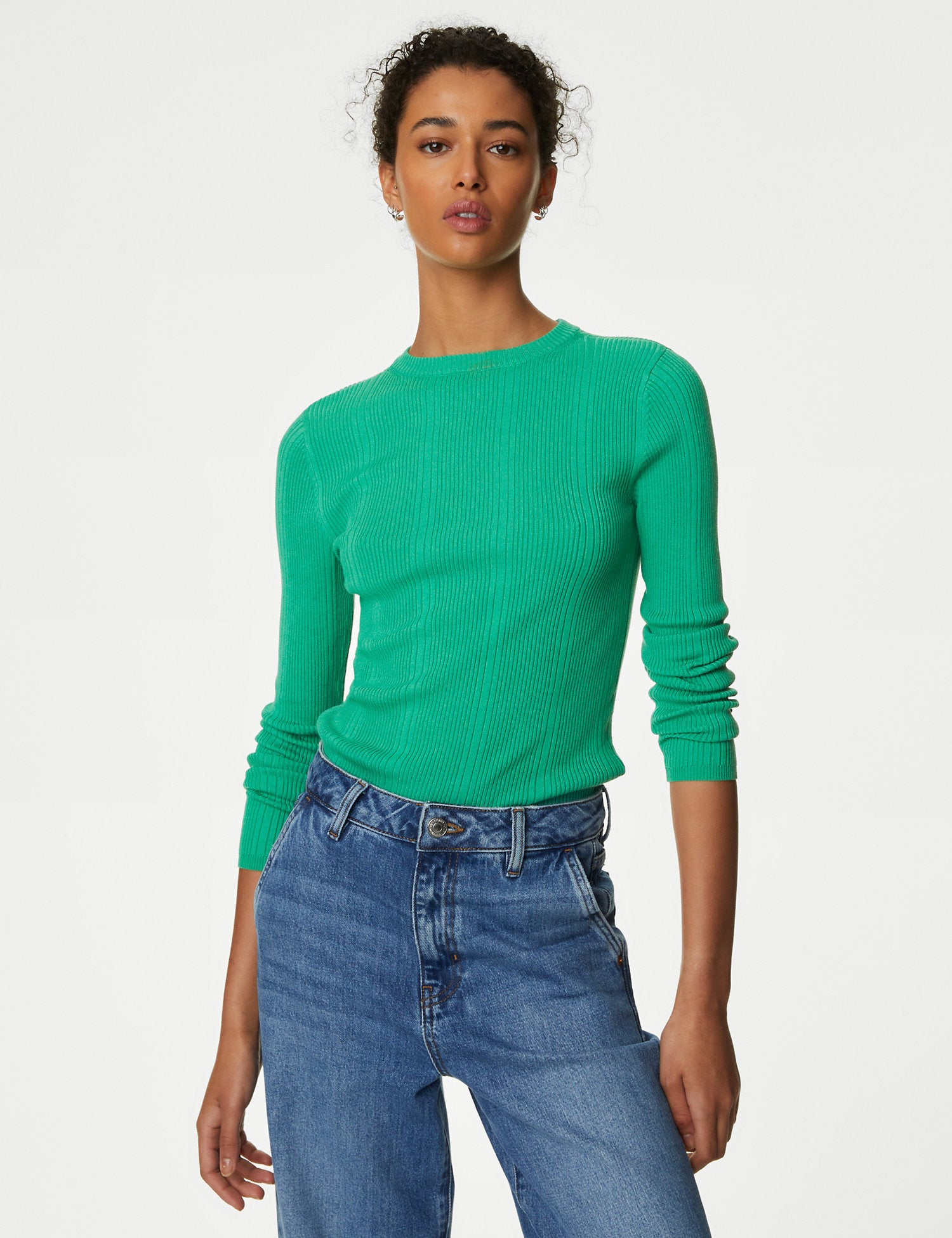 Ribbed Crew Neck Fitted Knitted Top