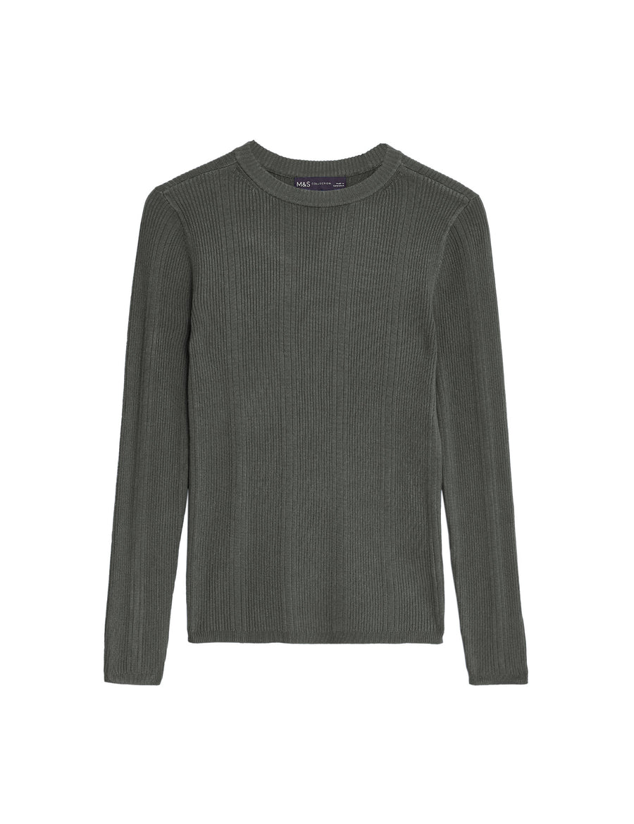 Ribbed Crew Neck Fitted Knitted Top