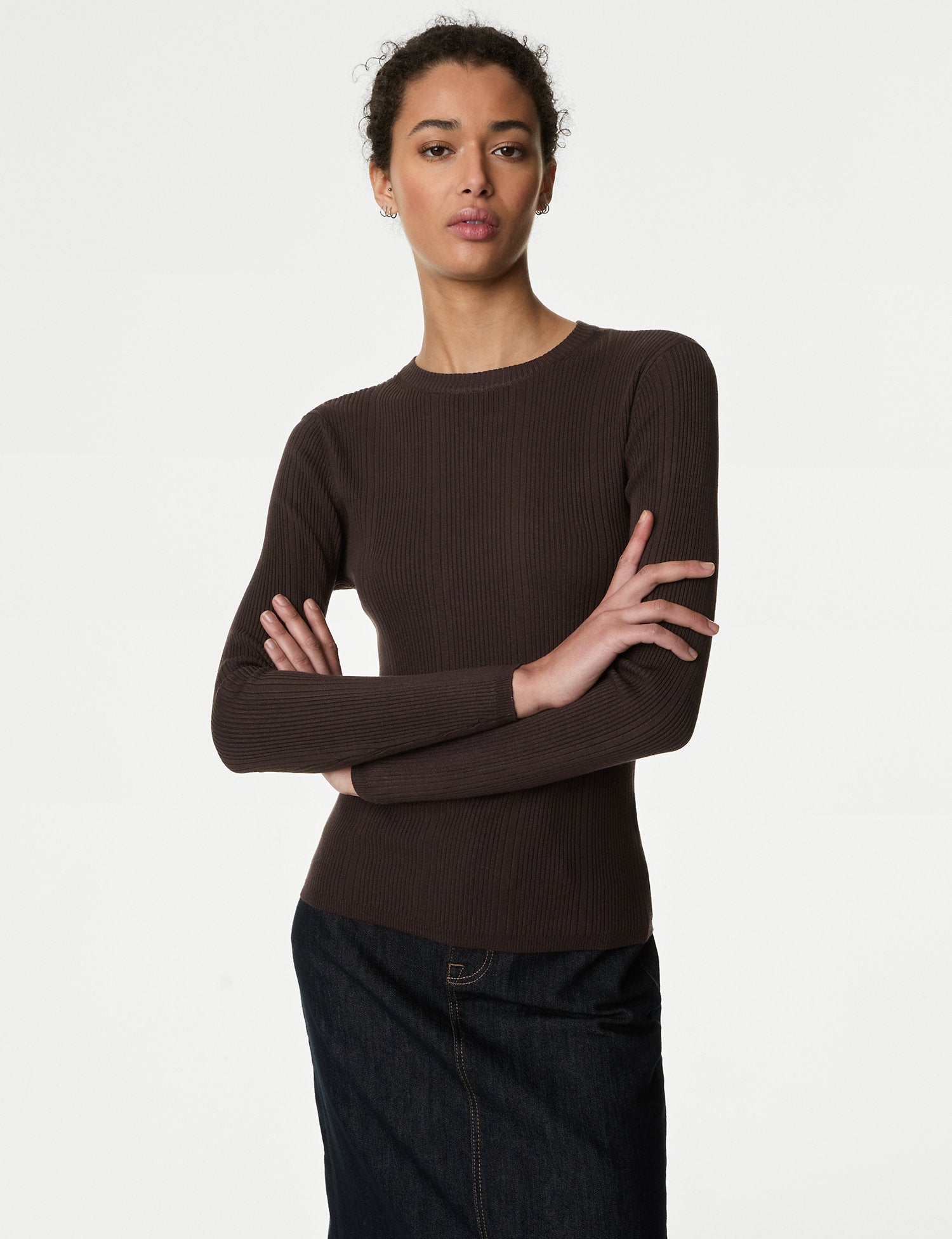 Ribbed Crew Neck Fitted Knitted Top