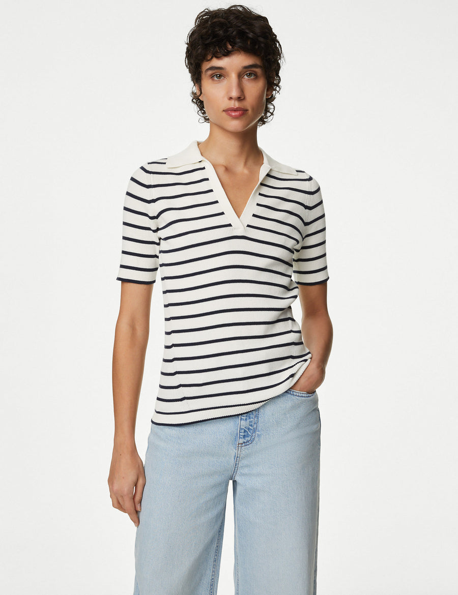 Cotton Rich Striped Collared Knitted Top