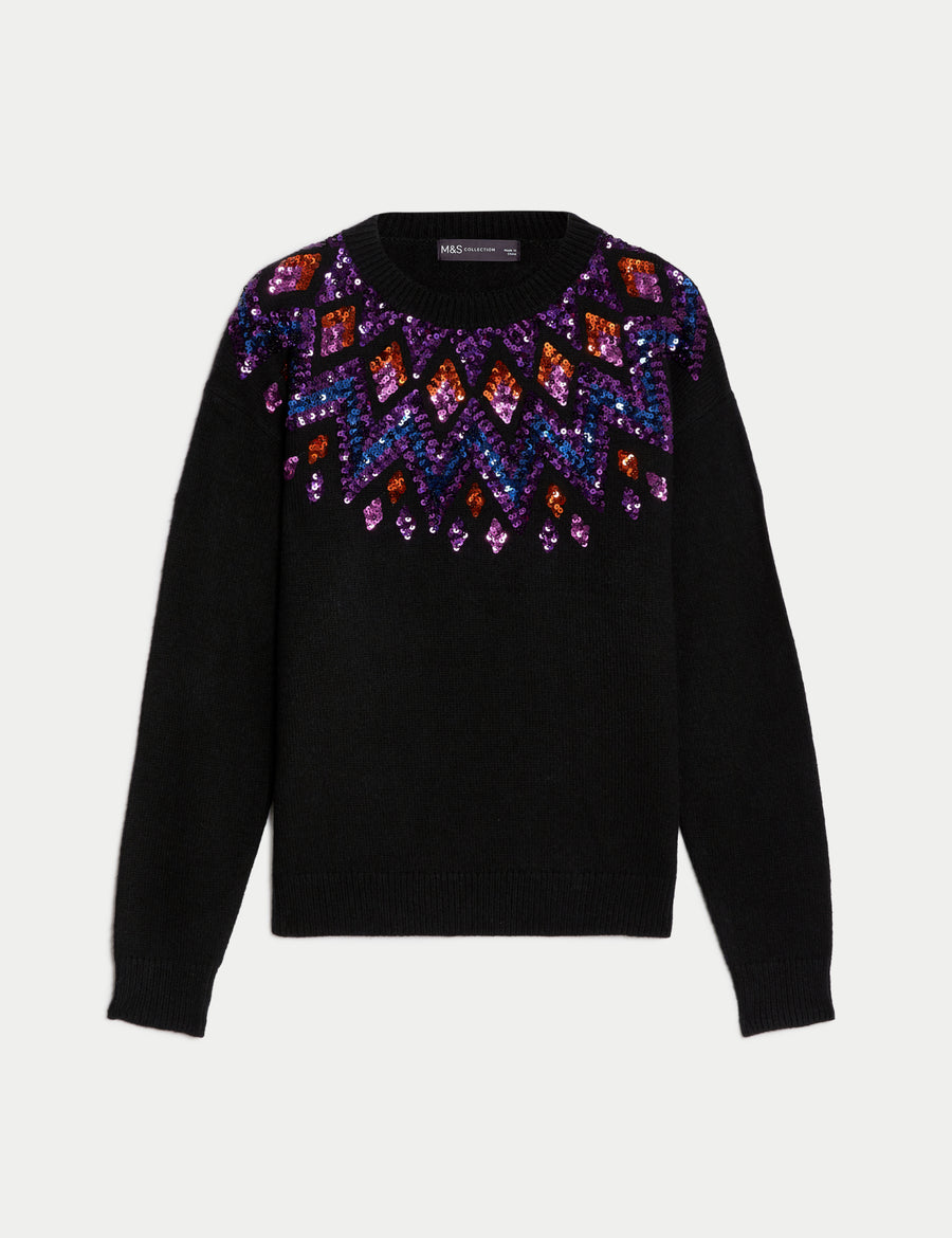 Sequin Fair Isle Crew Neck Jumper