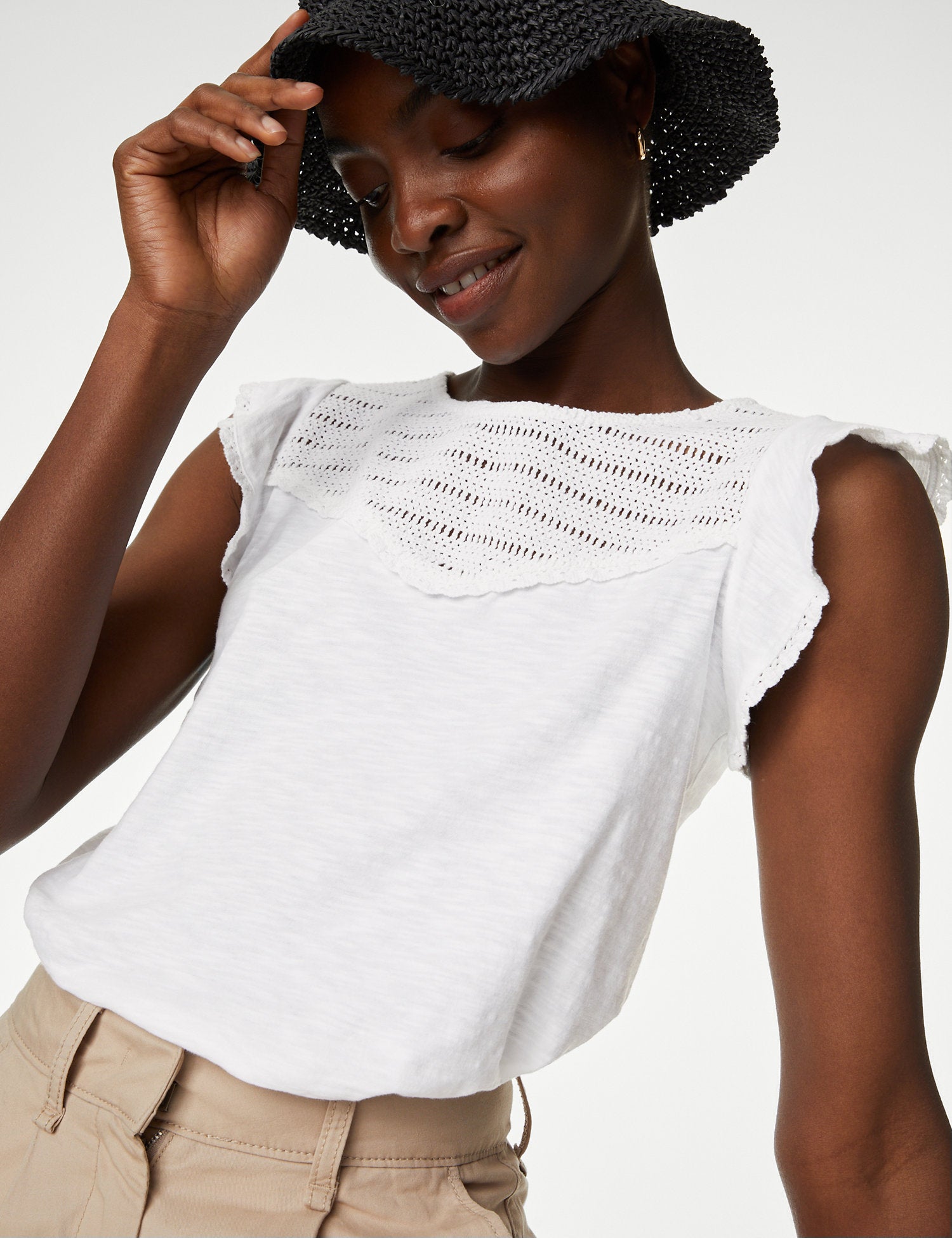 Pure Cotton Embroidered Frill Detail Top