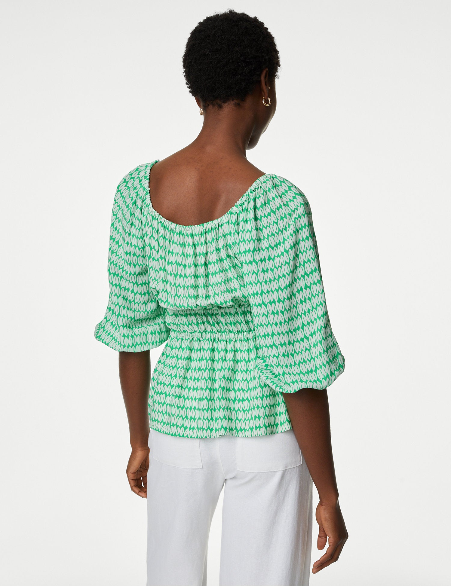 Printed Blouson Sleeve Peplum Top