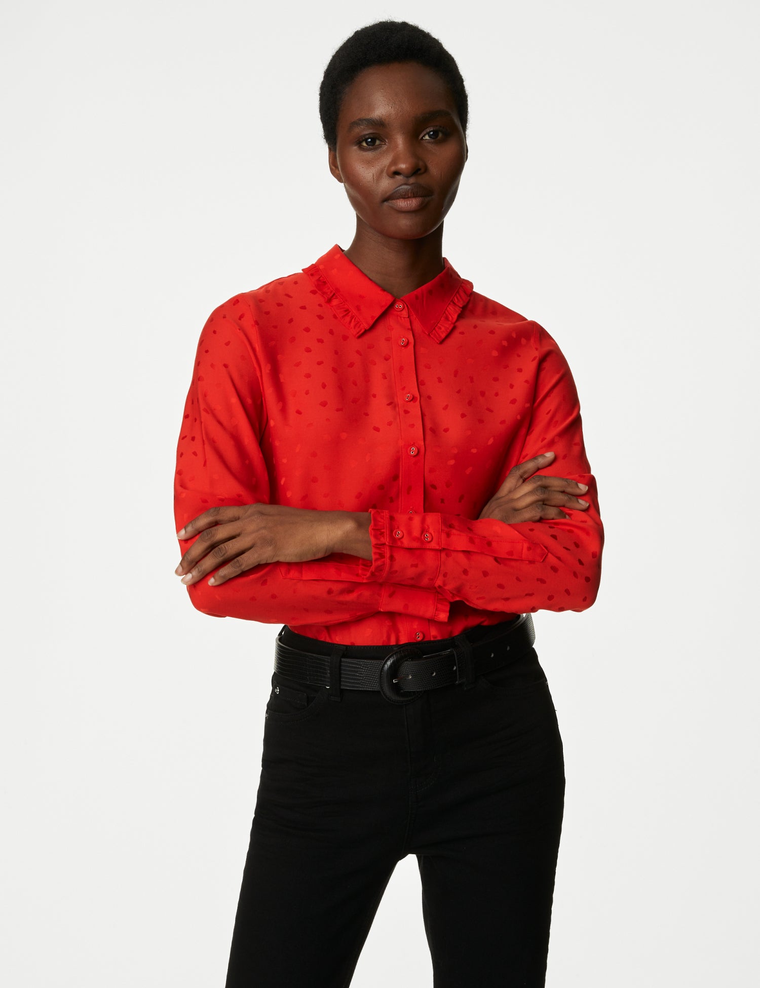 Jacquard Collared Ruffle Blouse