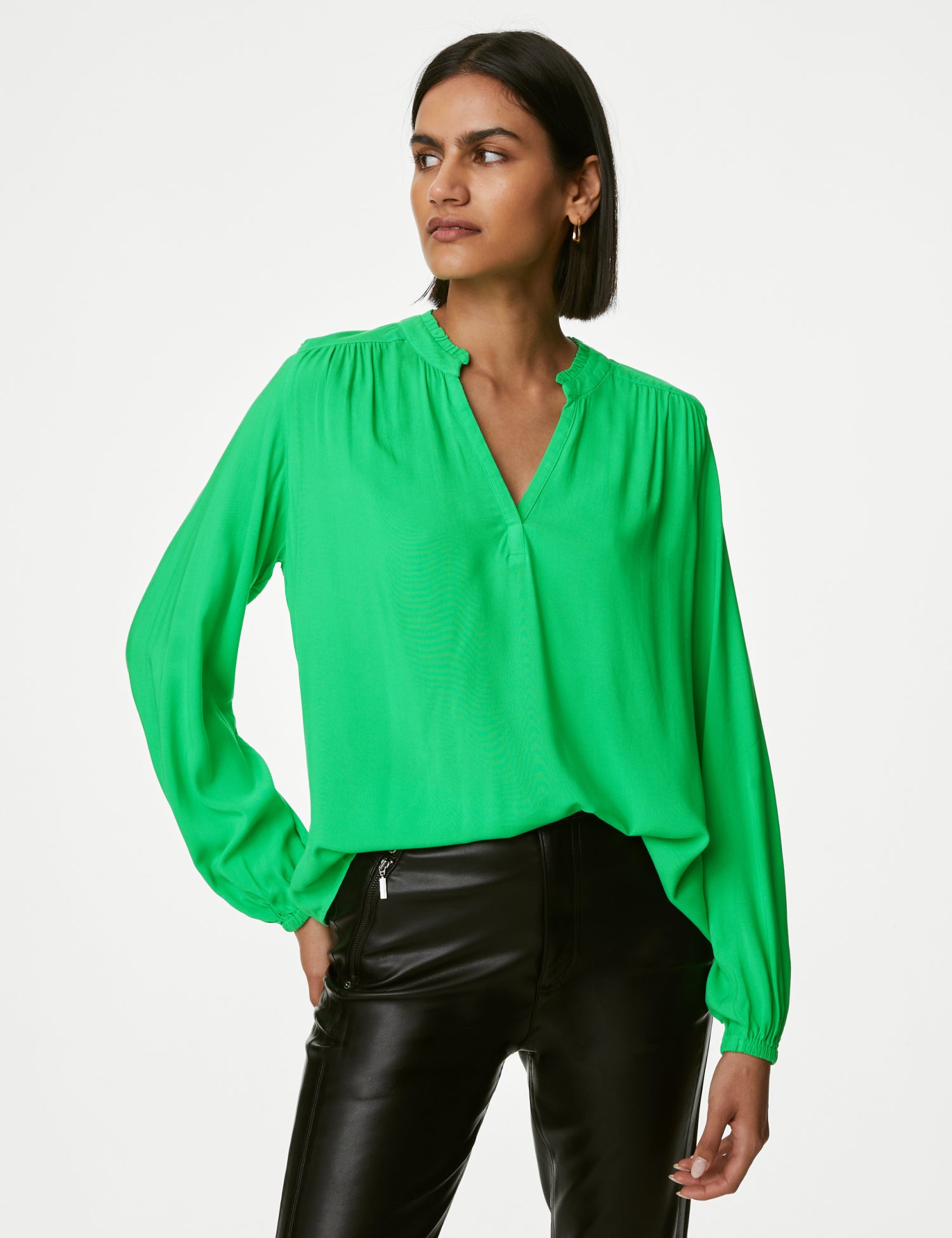 Collarless Regular Fit Long Sleeve Blouse