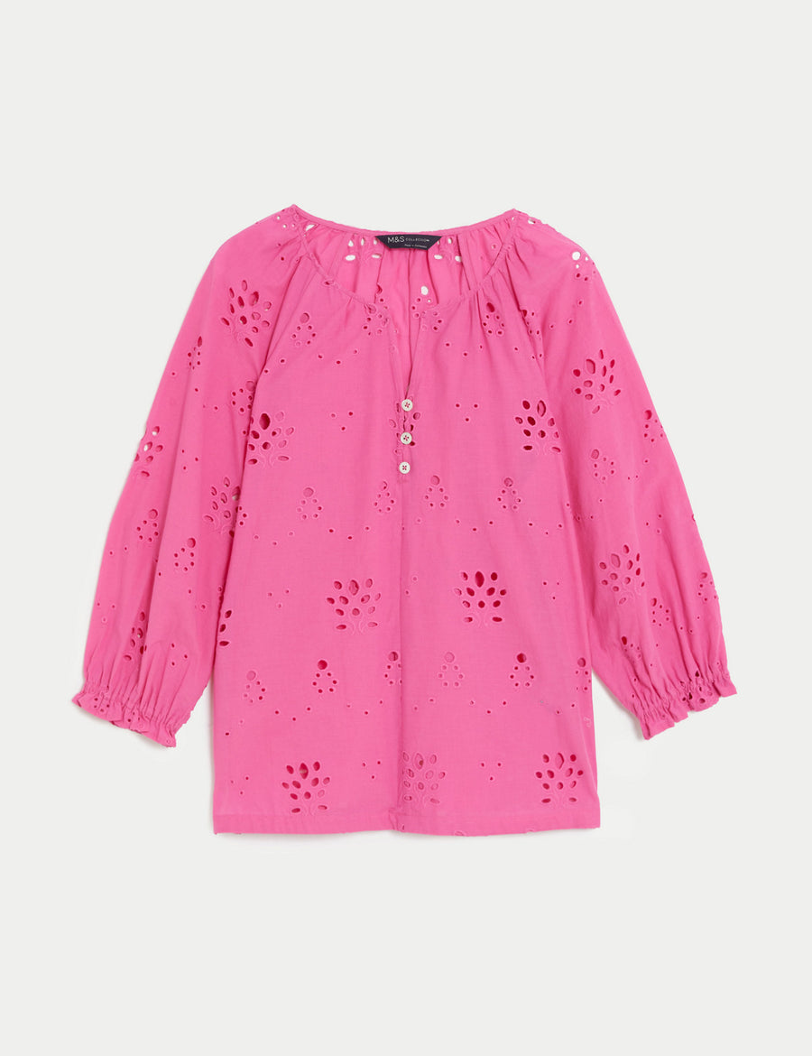 Pure Cotton Broderie Puff Sleeve Blouse