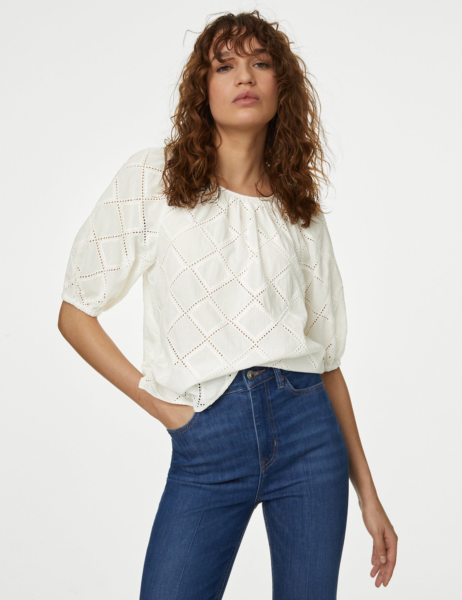 Pure Cotton Broderie Puff Sleeve Blouse