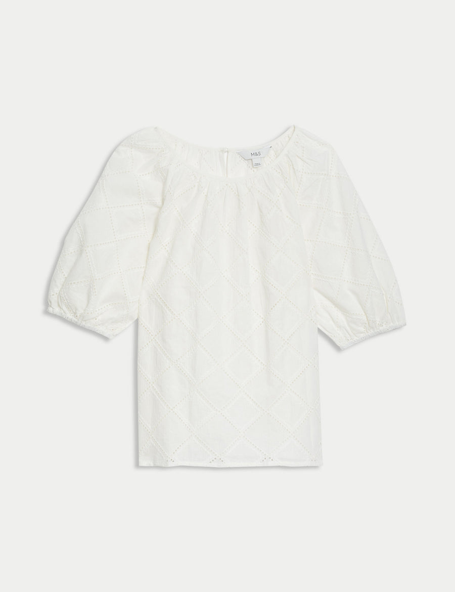 Pure Cotton Broderie Puff Sleeve Blouse