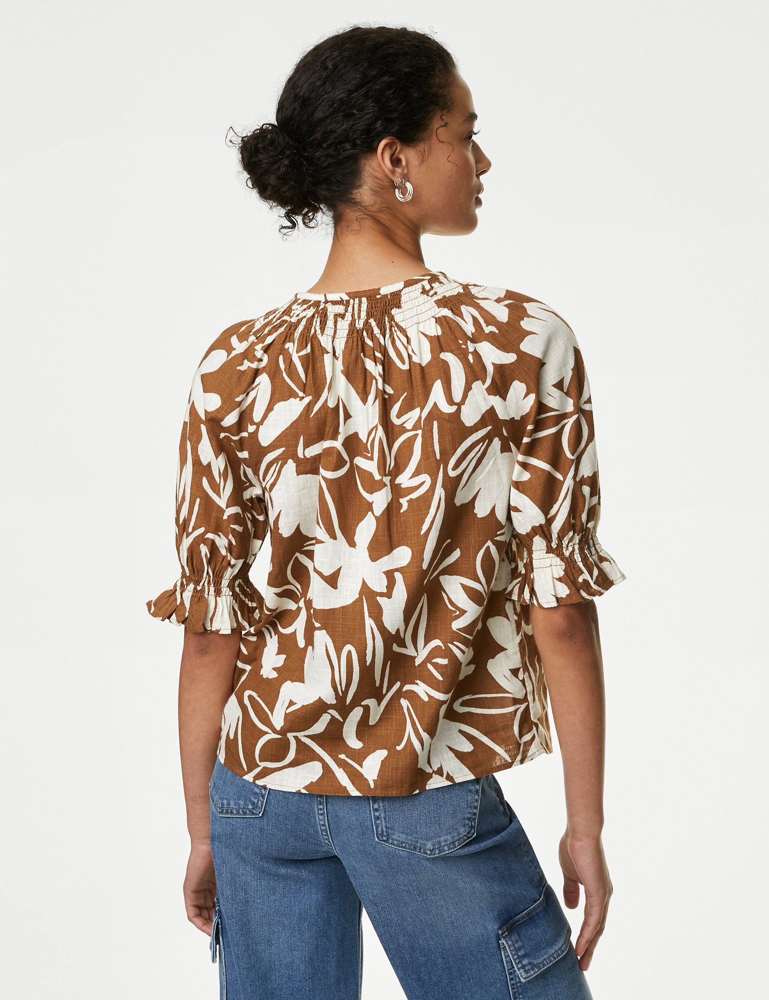 Pure Cotton Printed Shirred Detail Blouse