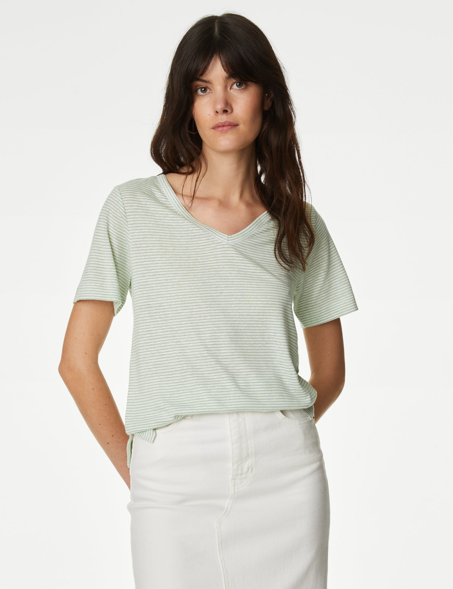 Linen Blend Striped V-Neck Top