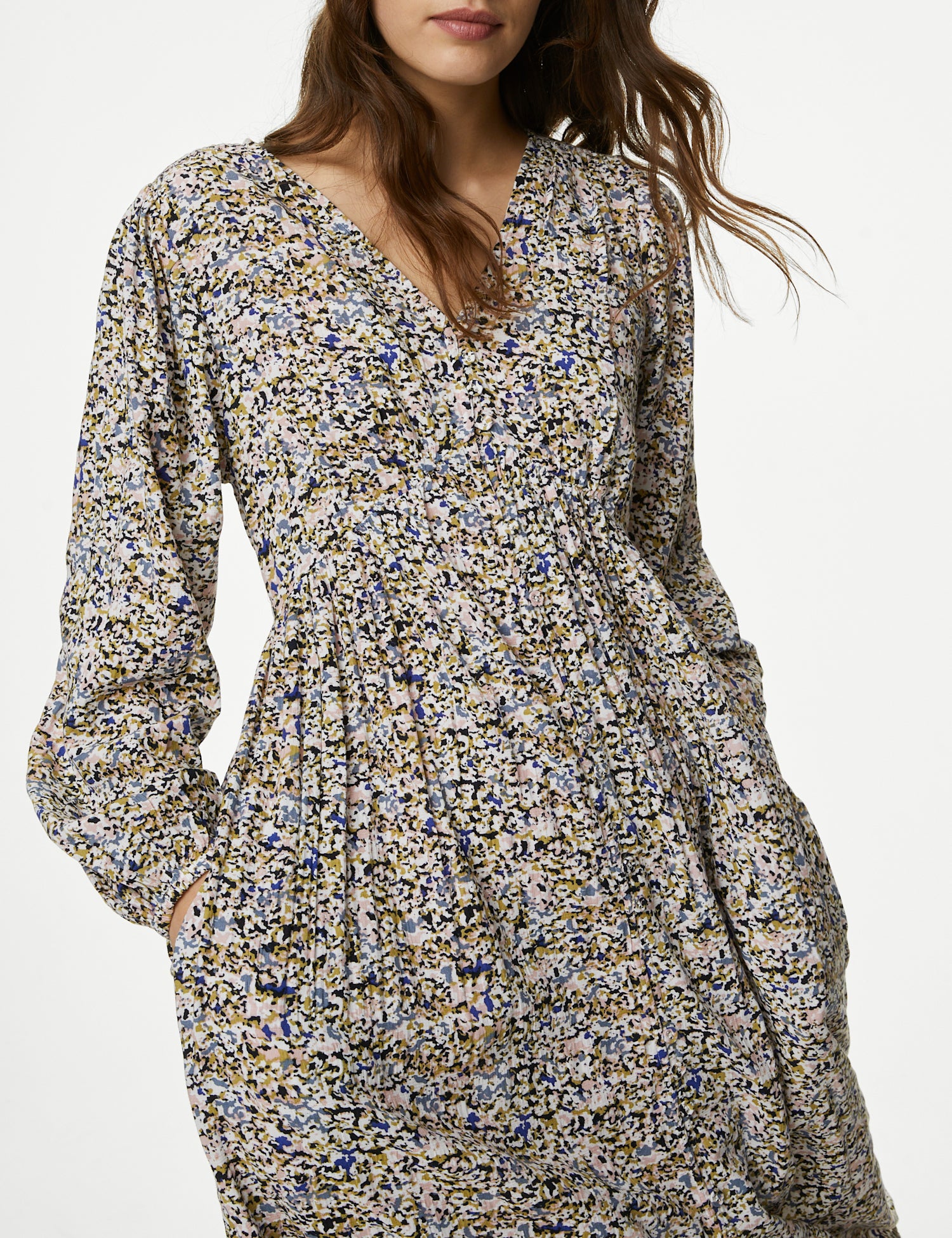 Textured Printed V-Neck Midi Tea Dress