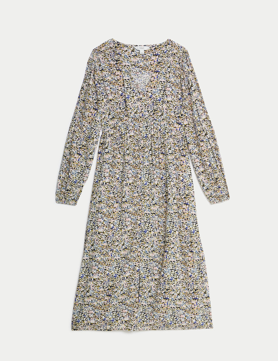 Textured Printed V-Neck Midi Tea Dress