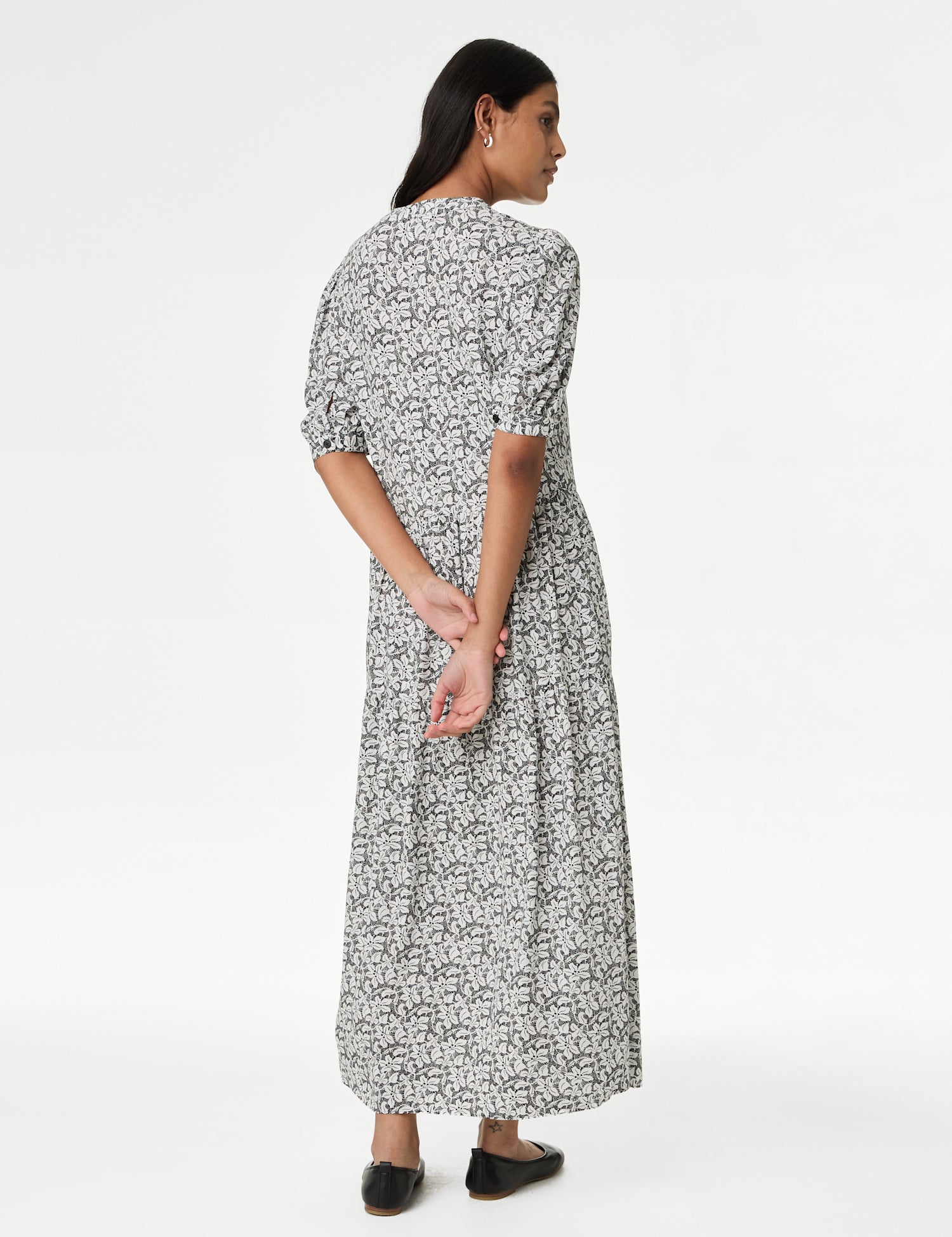 Printed Round Neck Midi Relaxed Tiered Dress