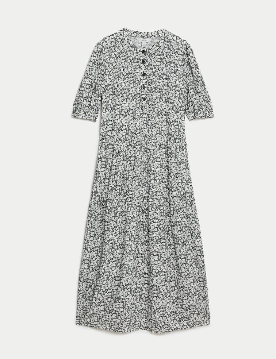 Printed Round Neck Midi Relaxed Tiered Dress