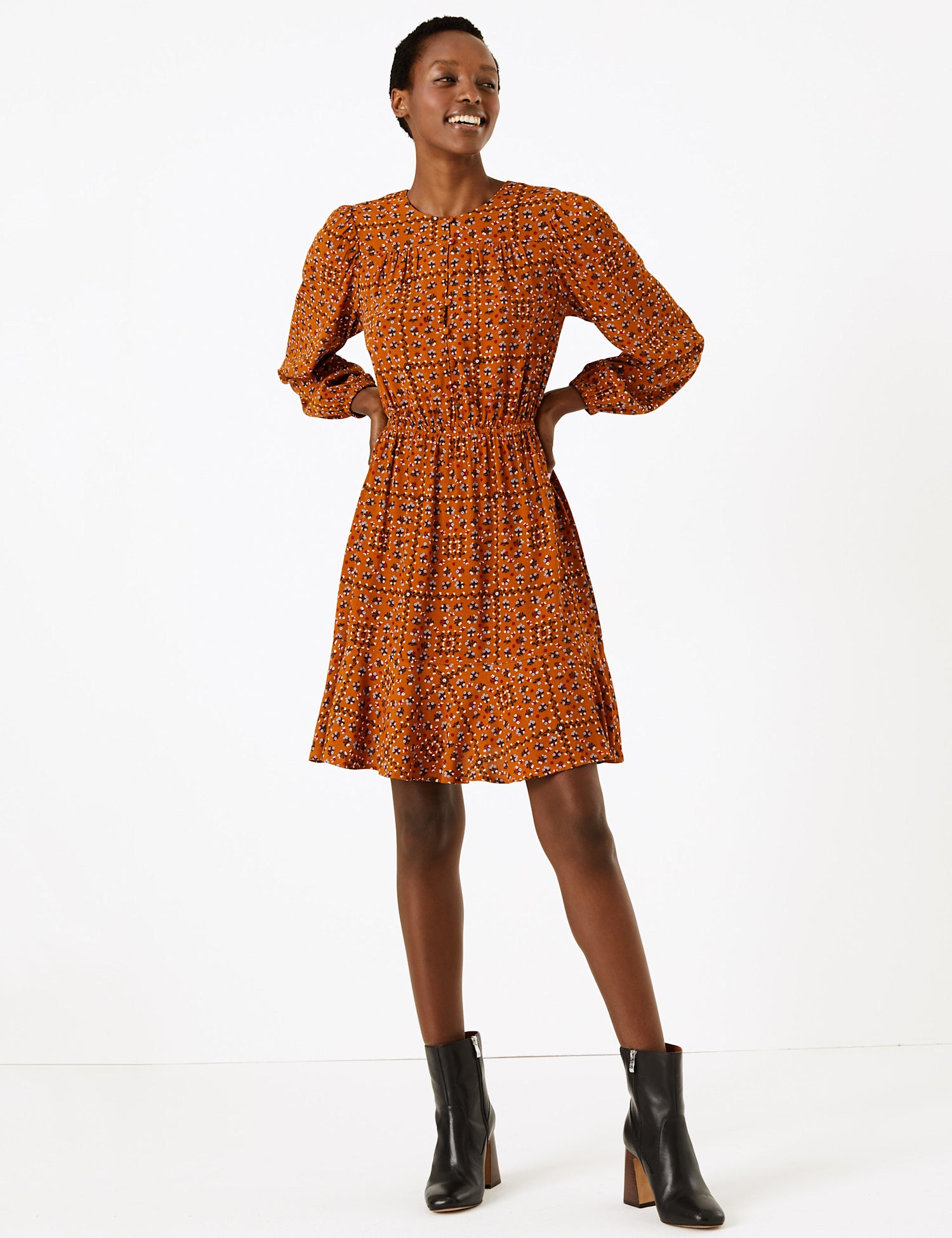 Tile Ditsy Print Waisted Mini Dress