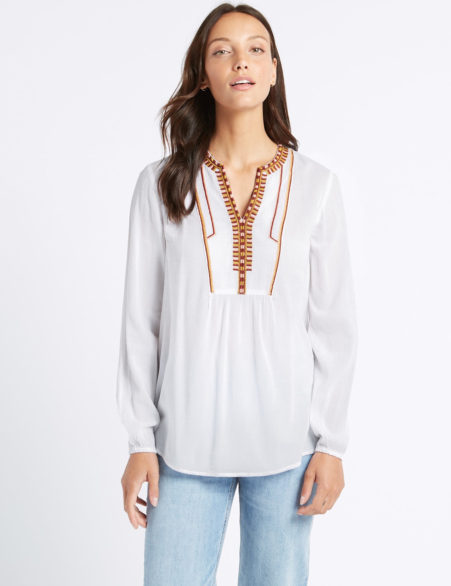 Embroidered Notch Neck Long Sleeve Blouse
