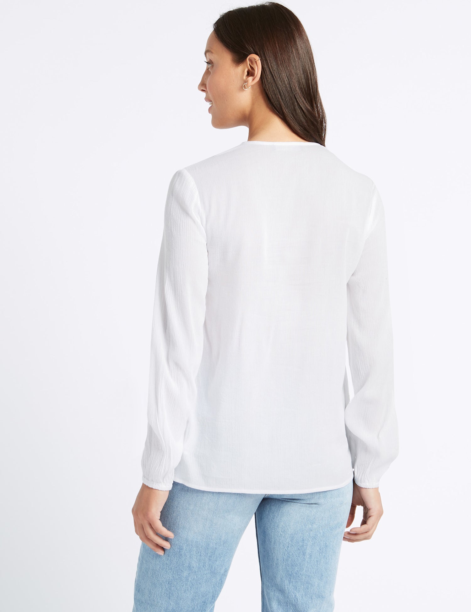 Embroidered Notch Neck Long Sleeve Blouse