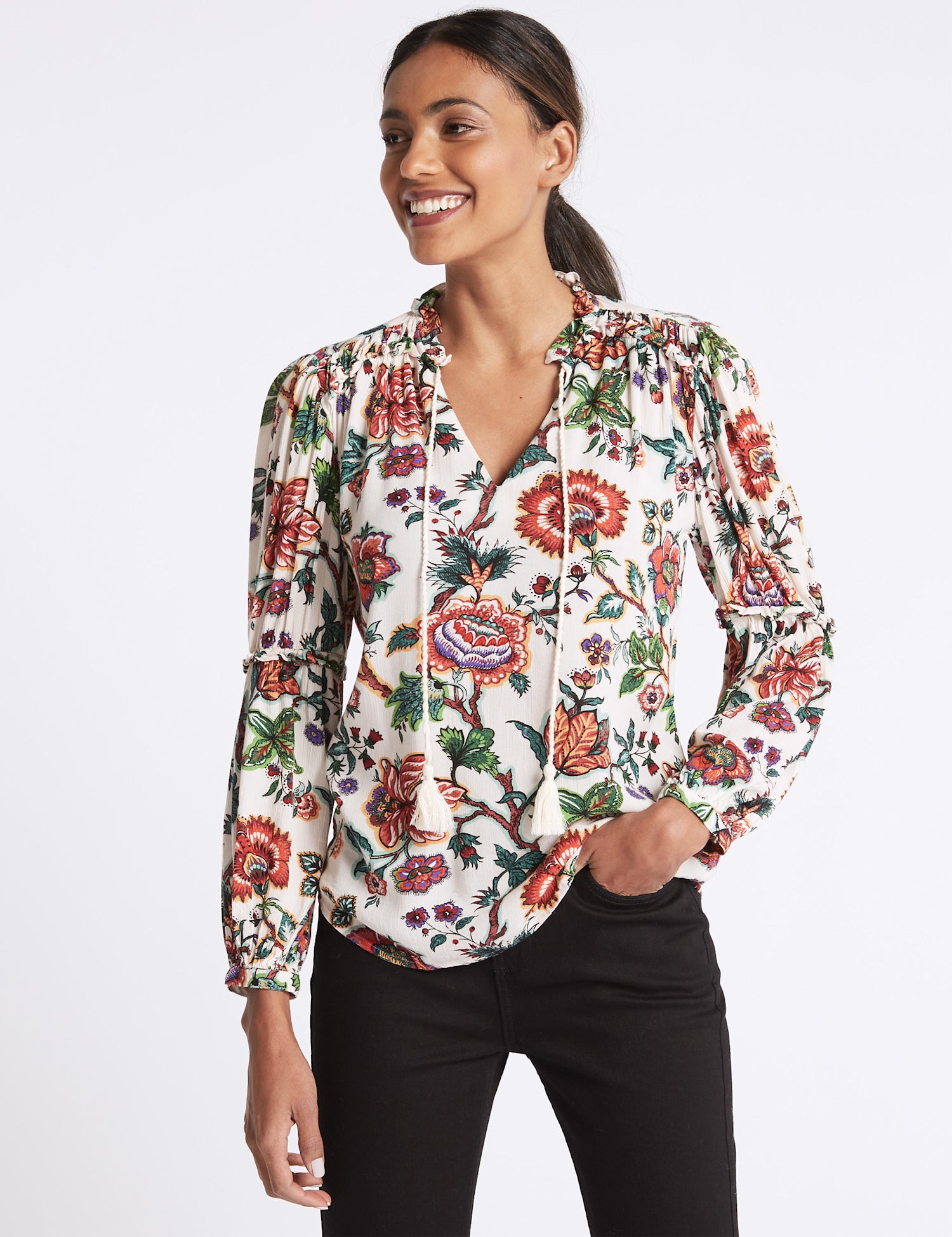 Floral Print Notch Neck Long Sleeve Blouse