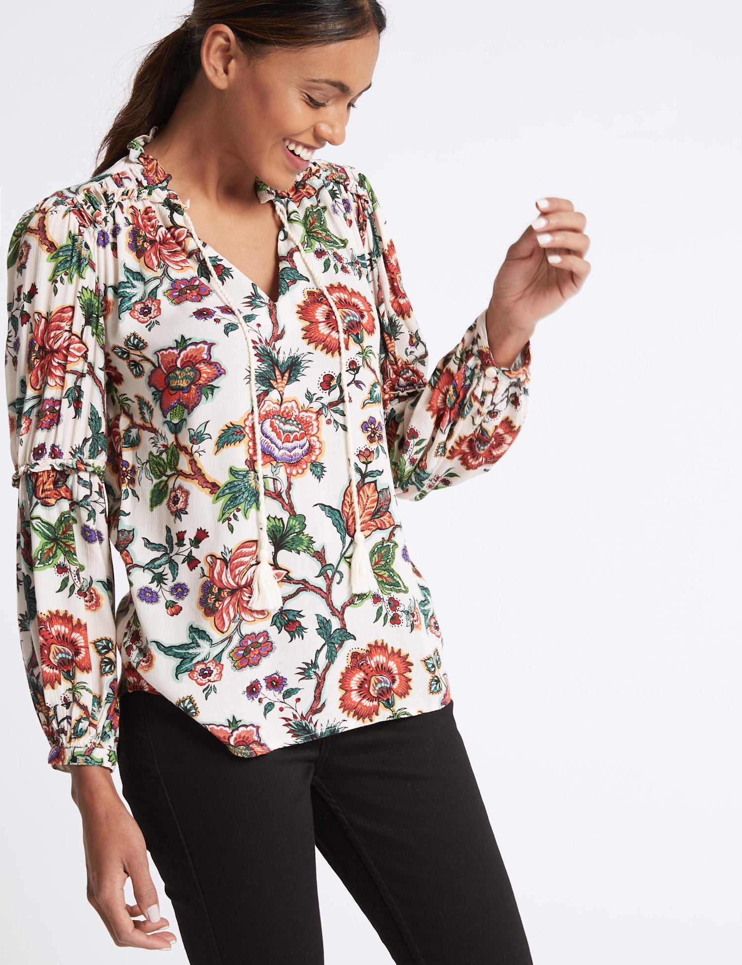 Floral Print Notch Neck Long Sleeve Blouse