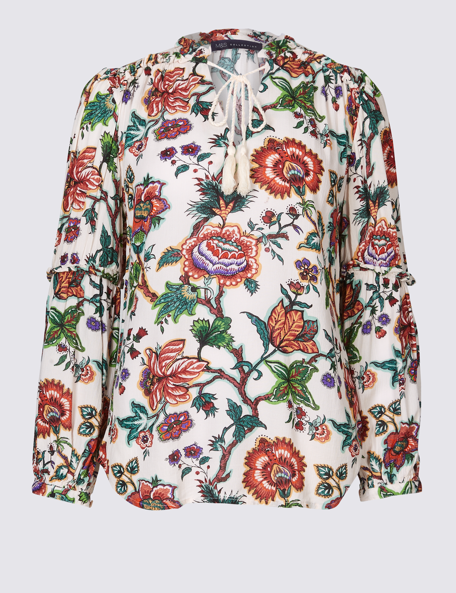Floral Print Notch Neck Long Sleeve Blouse
