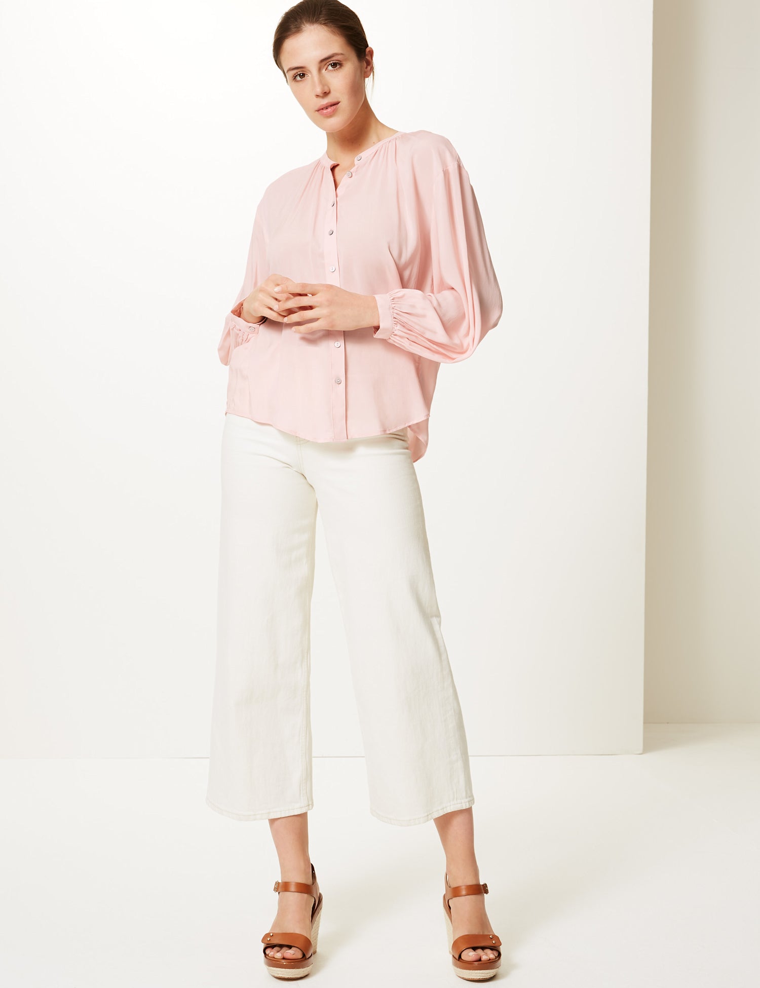 Collarless Blouson Sleeve Blouse