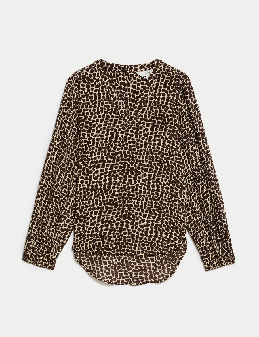 Animal Print V-Neck Popover Blouse