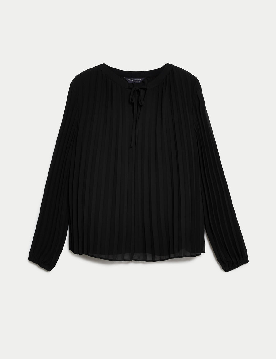 Pleated Tie Neck Popover Blouse