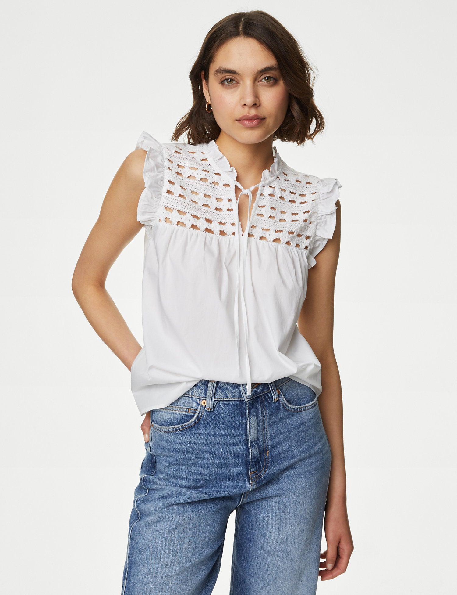 Pure Cotton V-Neck Lace Insert Top