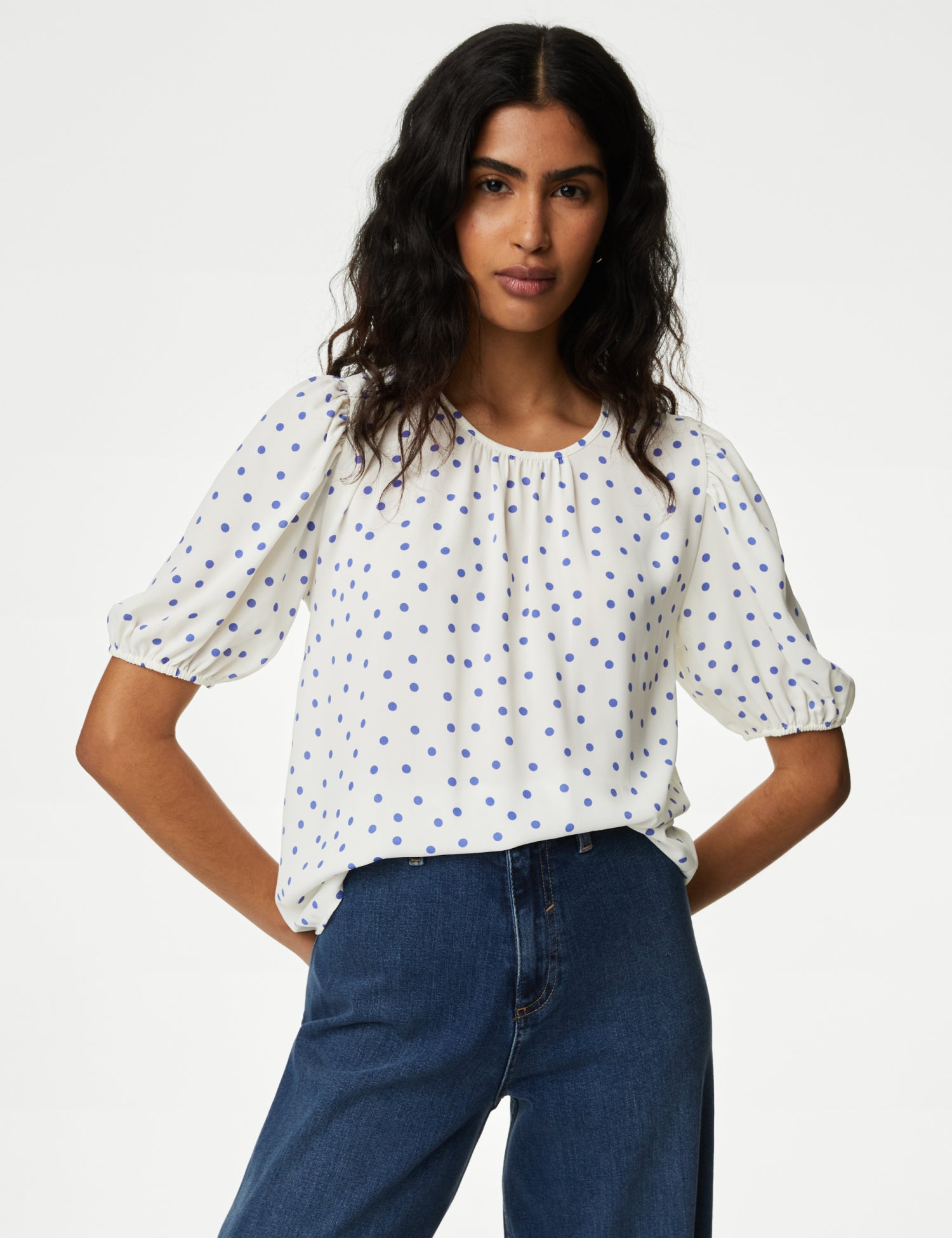 Printed Round Neck Puff Sleeve Blouse