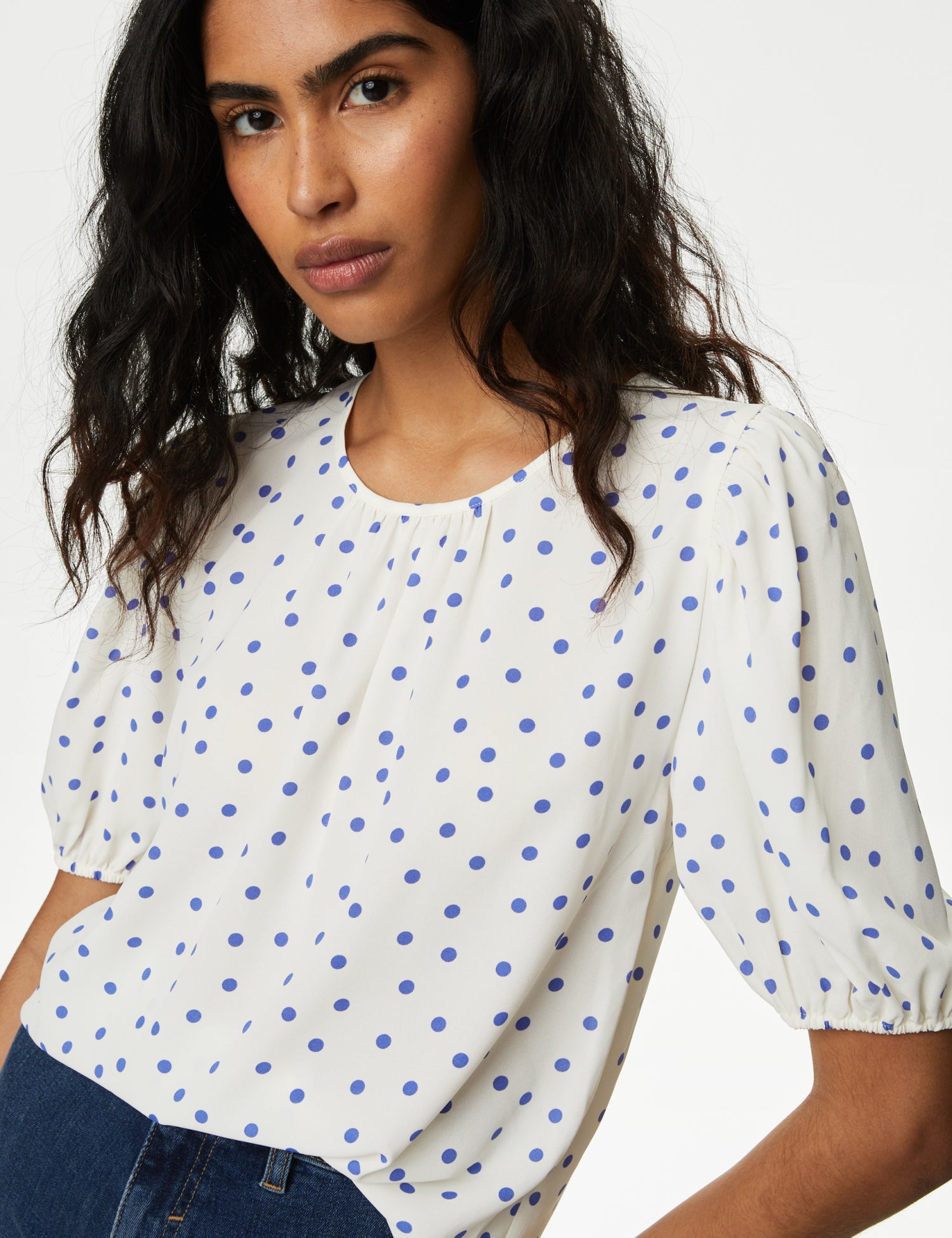 Printed Round Neck Puff Sleeve Blouse